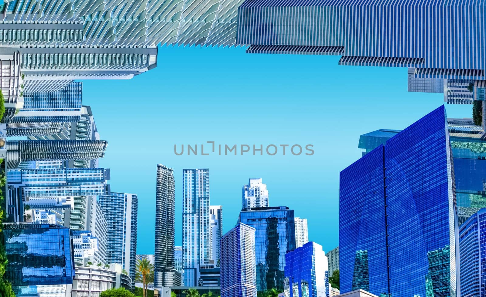 Downtown Miami cityscape view with condos and office buildings against blue sky. Collage