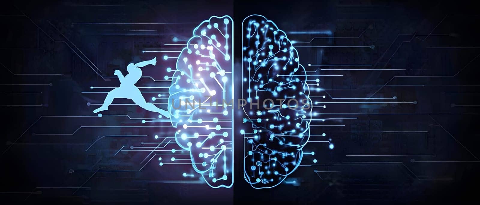 abstract brain split into two halves, one side athletic motion, the other side neural network