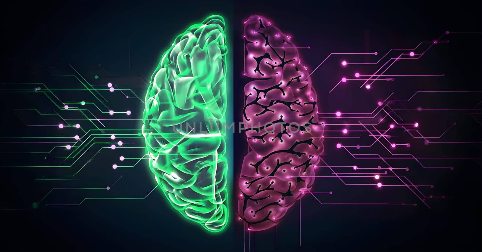 abstract brain split into two halves, one side athletic motion, the other side neural network
