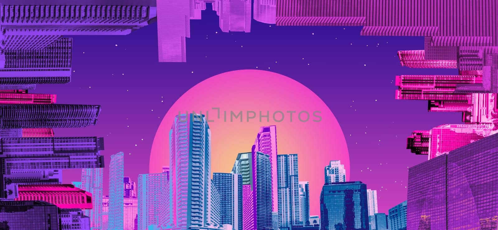 Downtown Miami cityscape view with condos and office buildings against blue sky. Collage