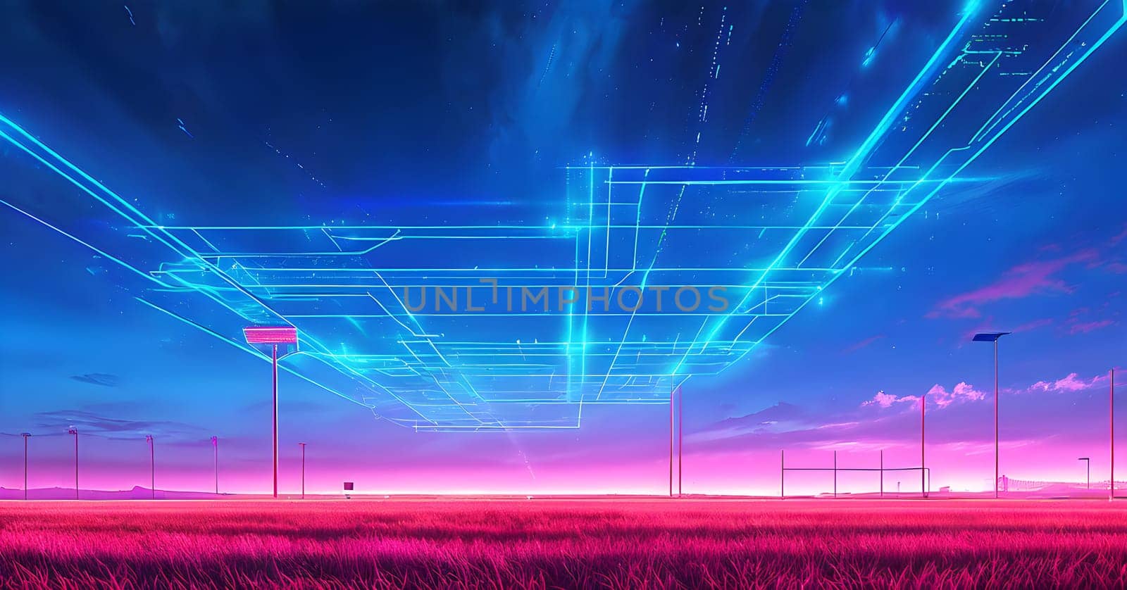 sports field with pixelated neural network lines crossing over