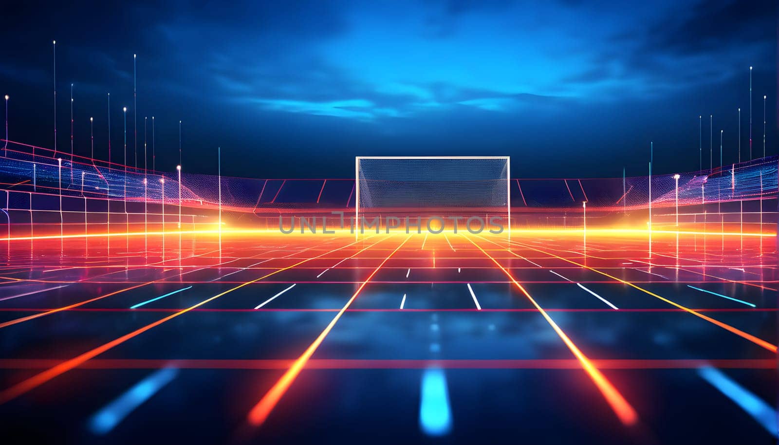 sports field with pixelated neural network lines crossing over