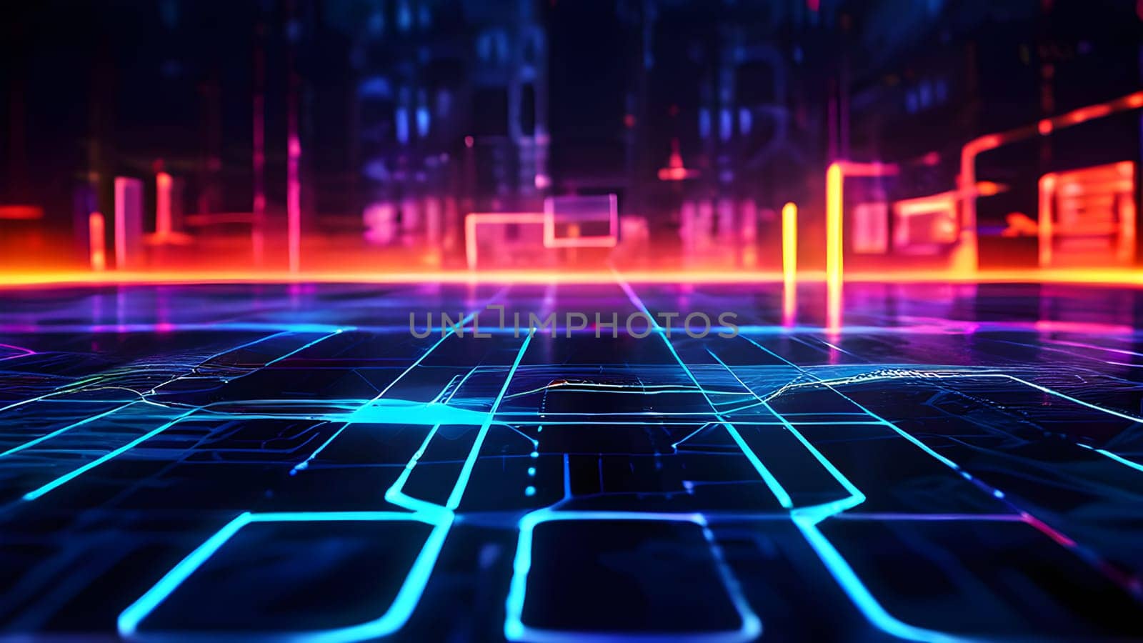 sports field with pixelated neural network lines crossing over