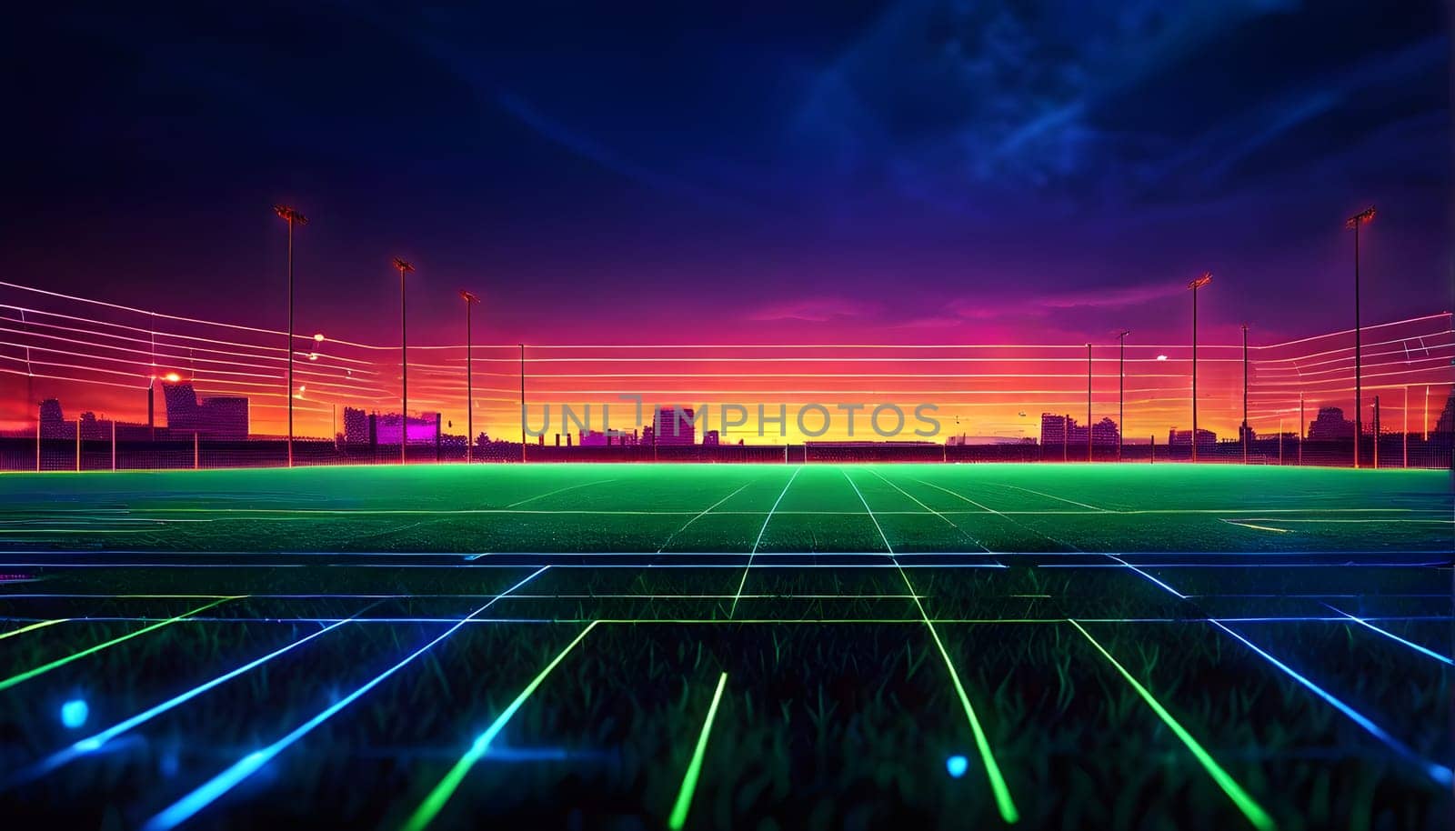 sports field with pixelated neural network lines crossing over