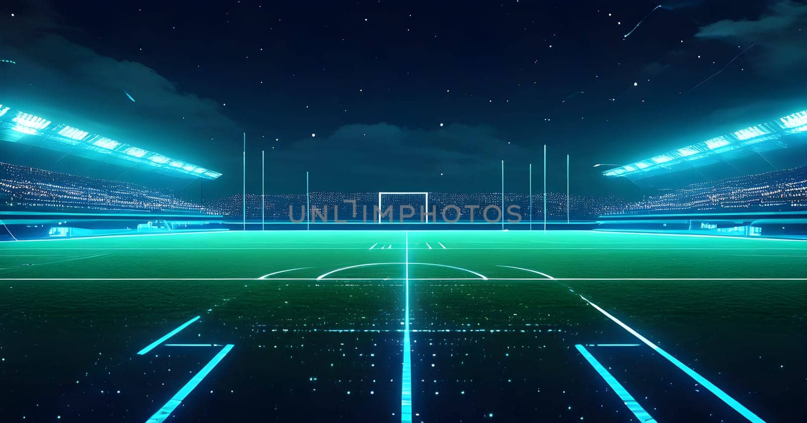 sports field with pixelated neural network lines crossing over