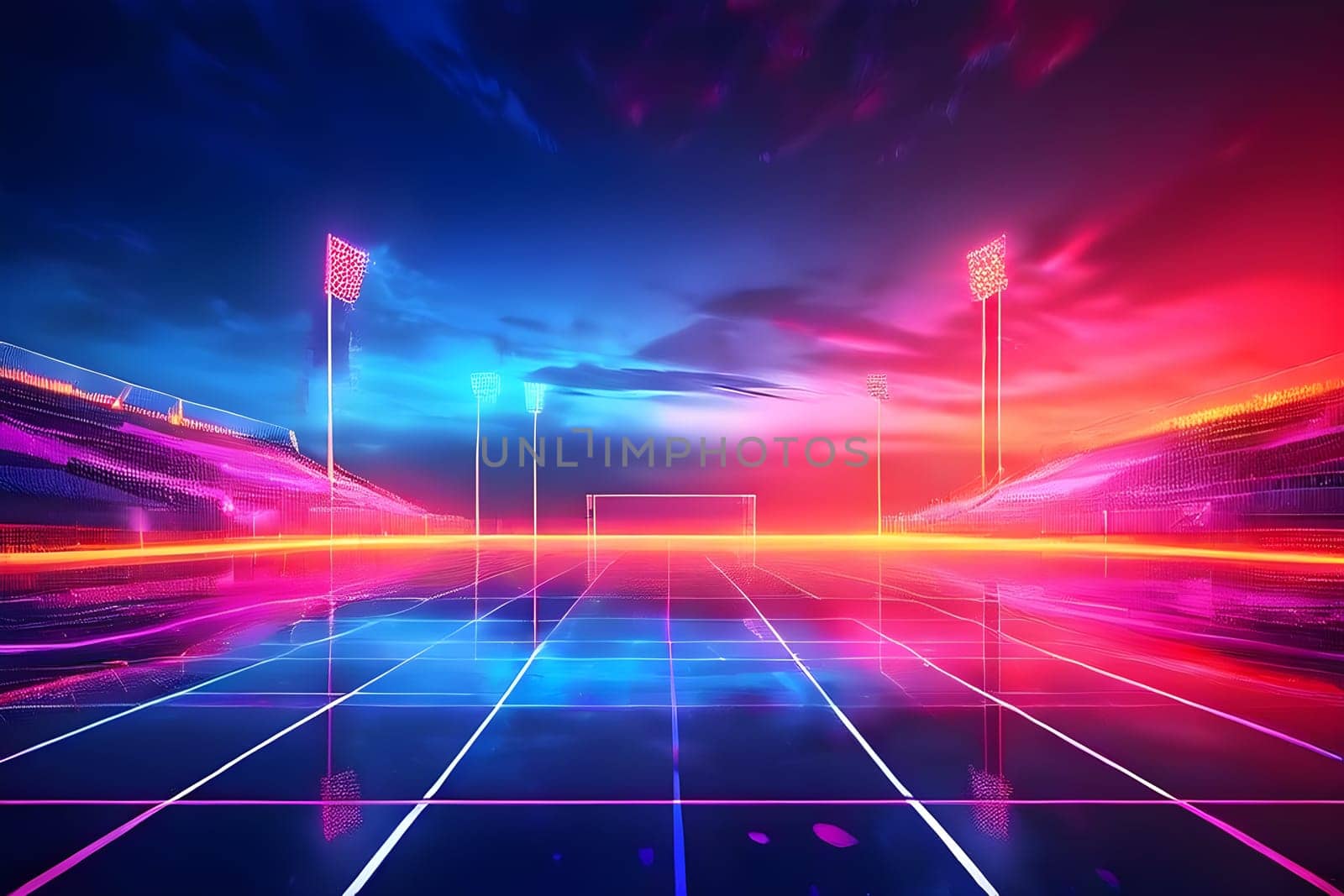 sports field with pixelated neural network lines crossing over