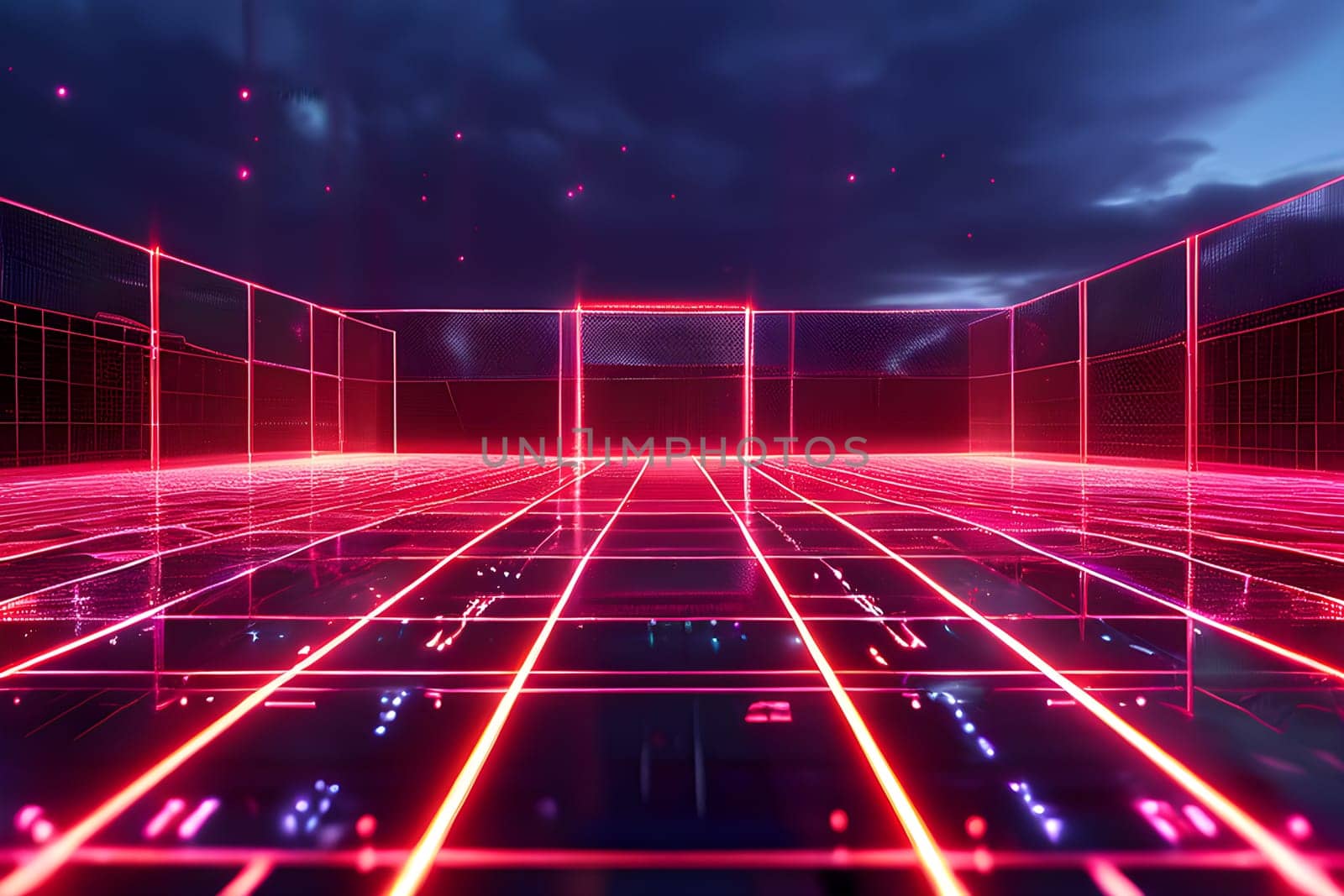 sports field with pixelated neural network lines crossing over