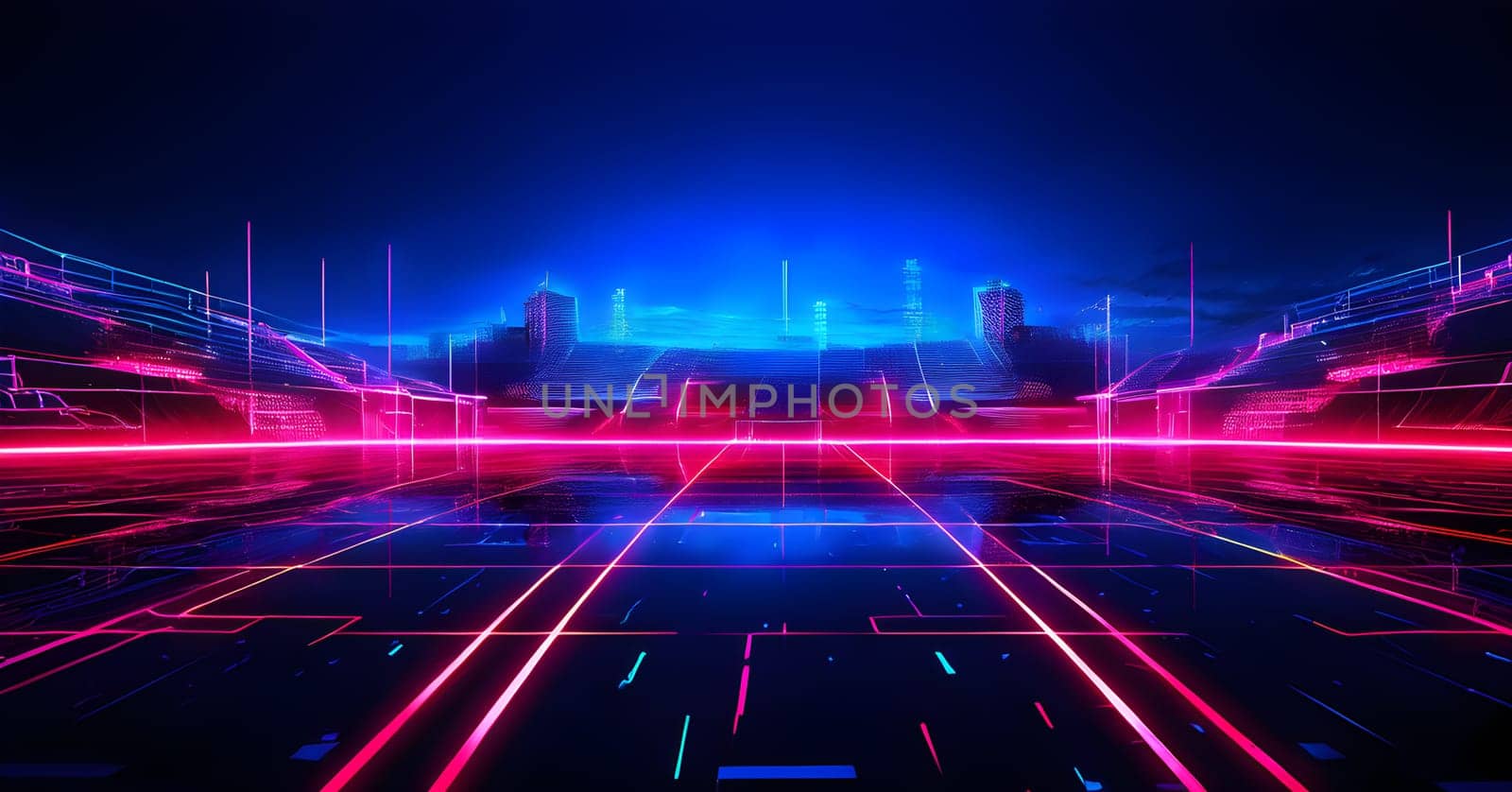 sports field with pixelated neural network lines crossing over