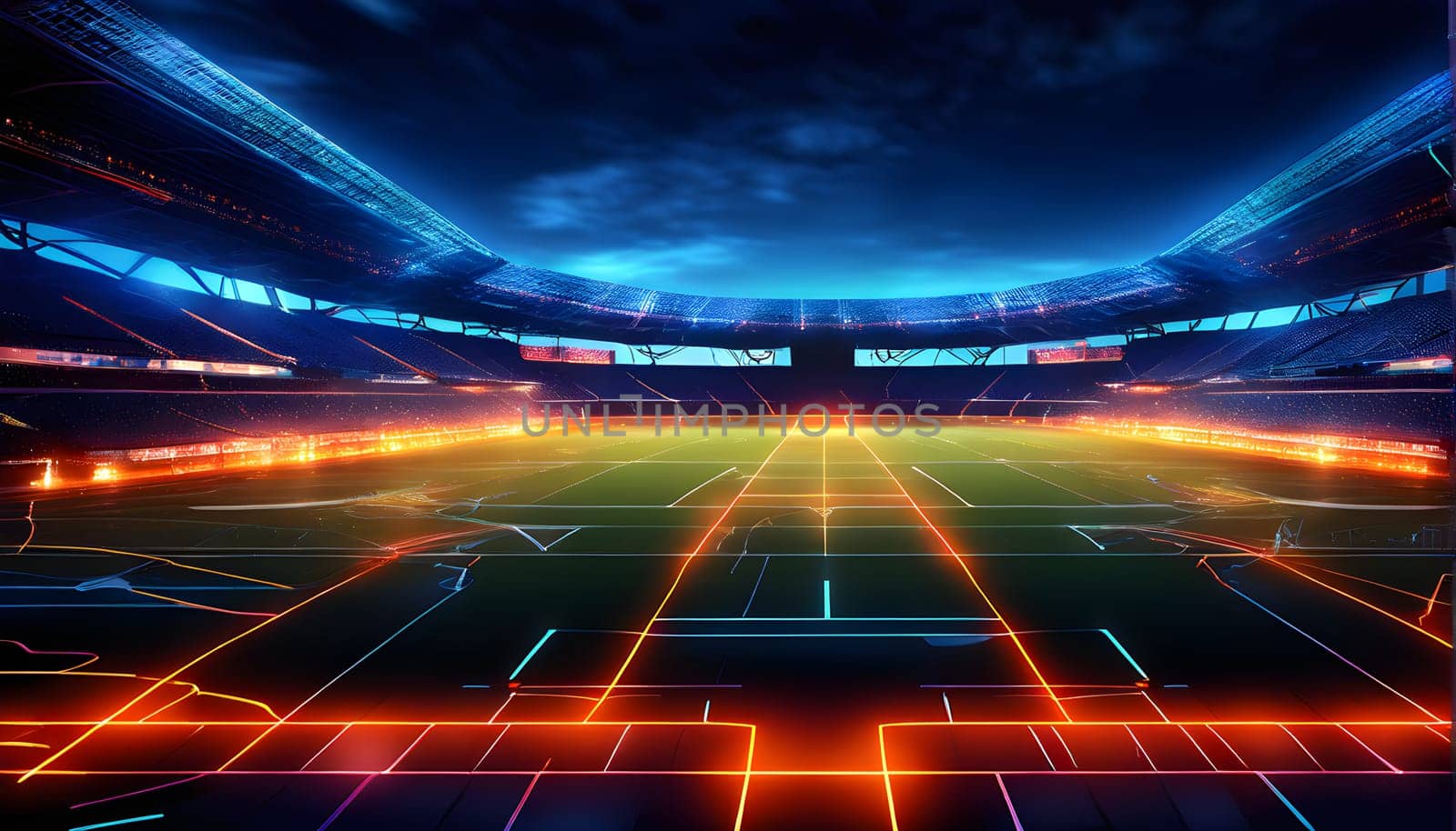 sports field with pixelated neural network lines crossing over