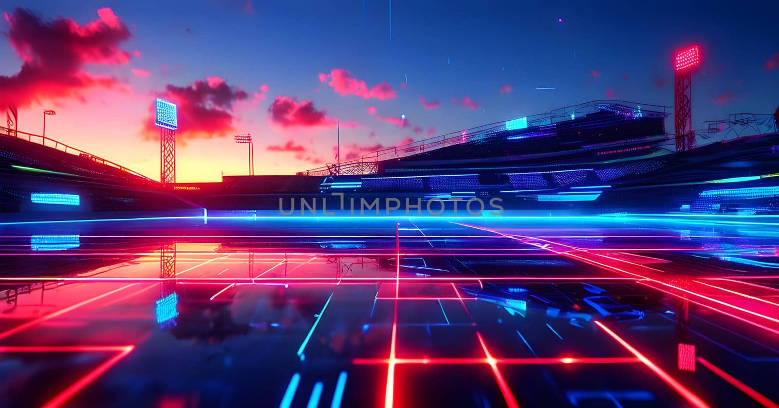 sports field with pixelated neural network lines crossing over