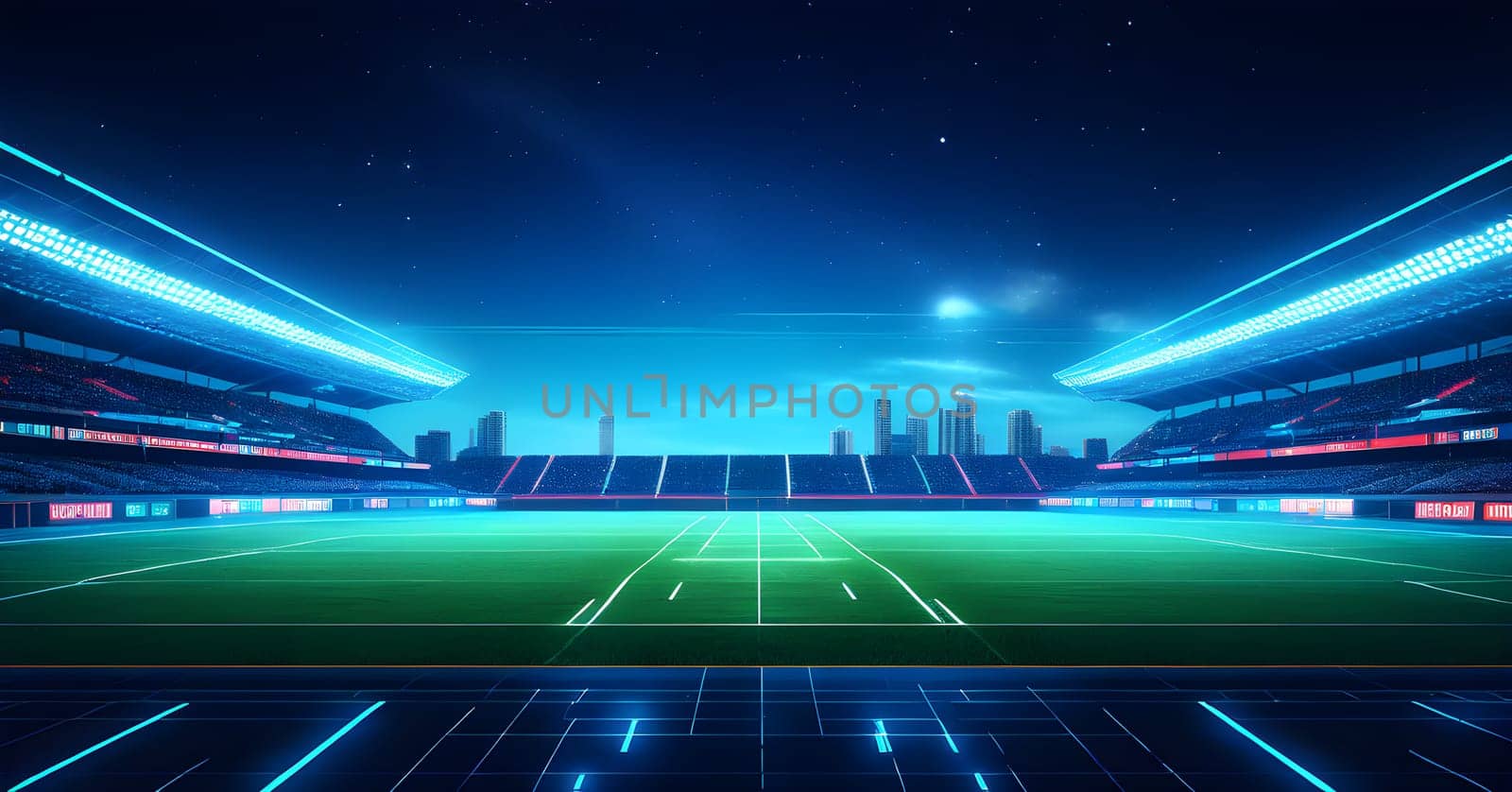 sports field with pixelated neural network lines crossing over