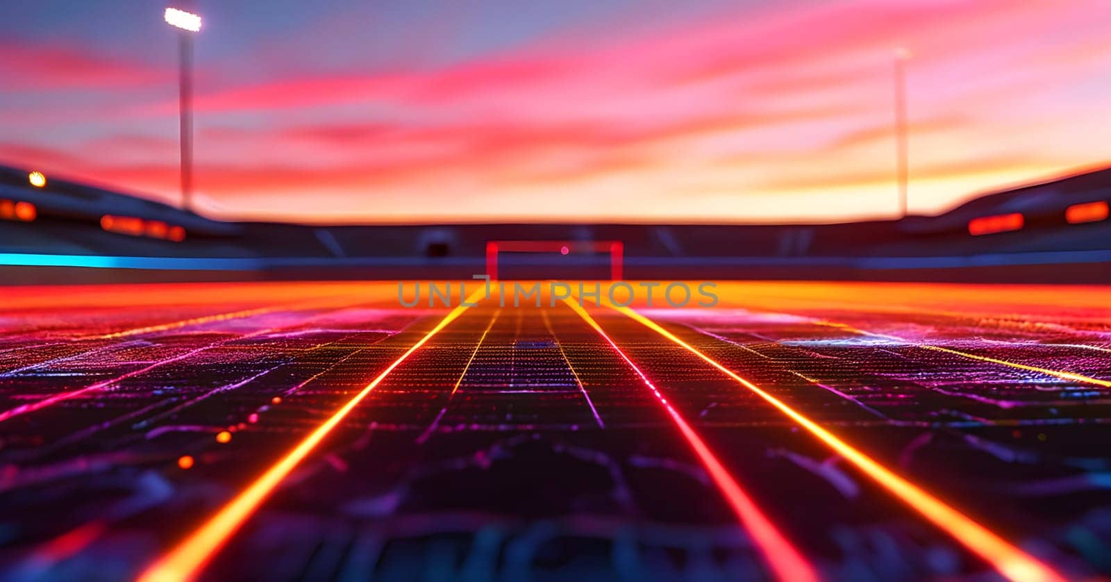 sports field with pixelated neural network lines crossing over