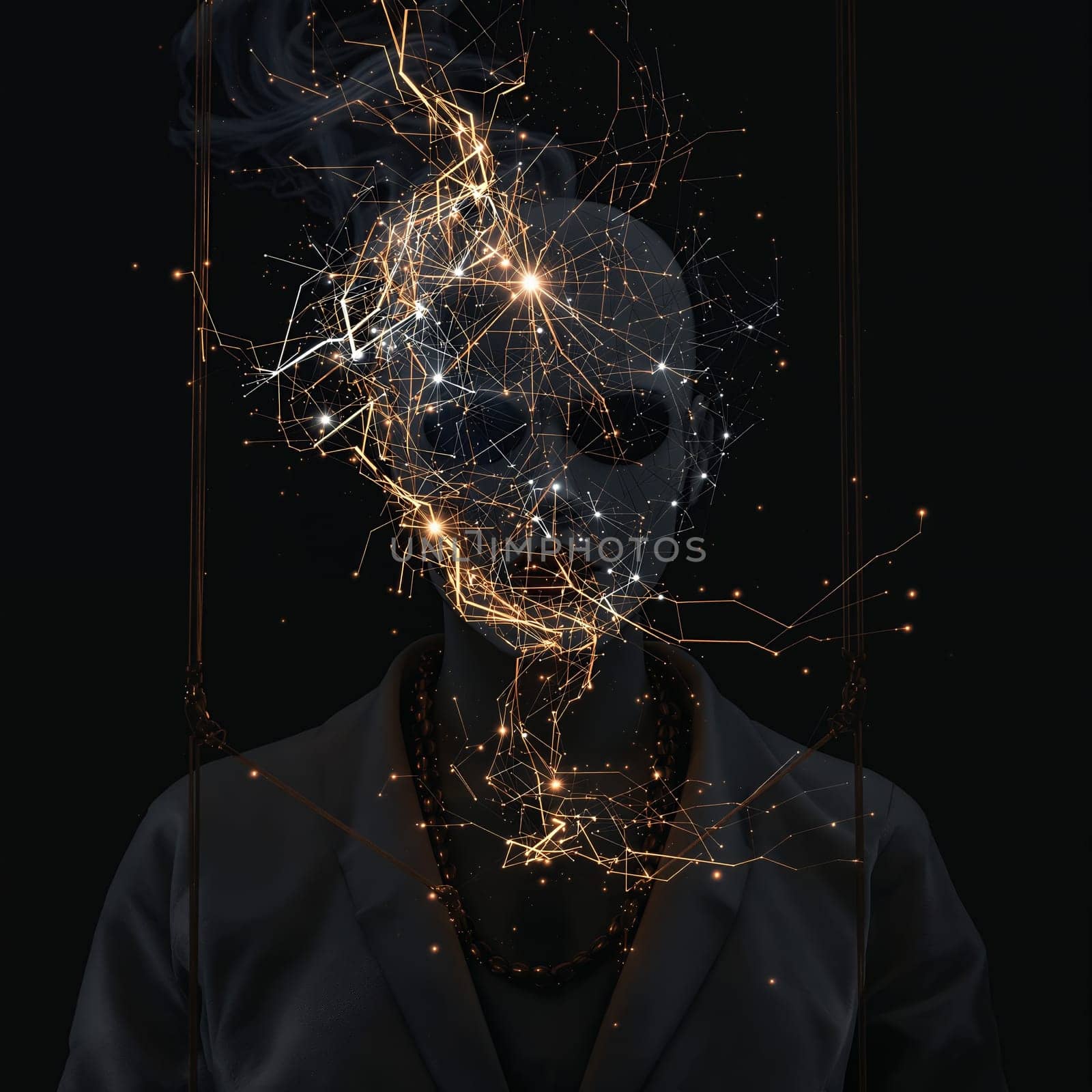 Futuristic female portrait with abstract neural network and light trails.