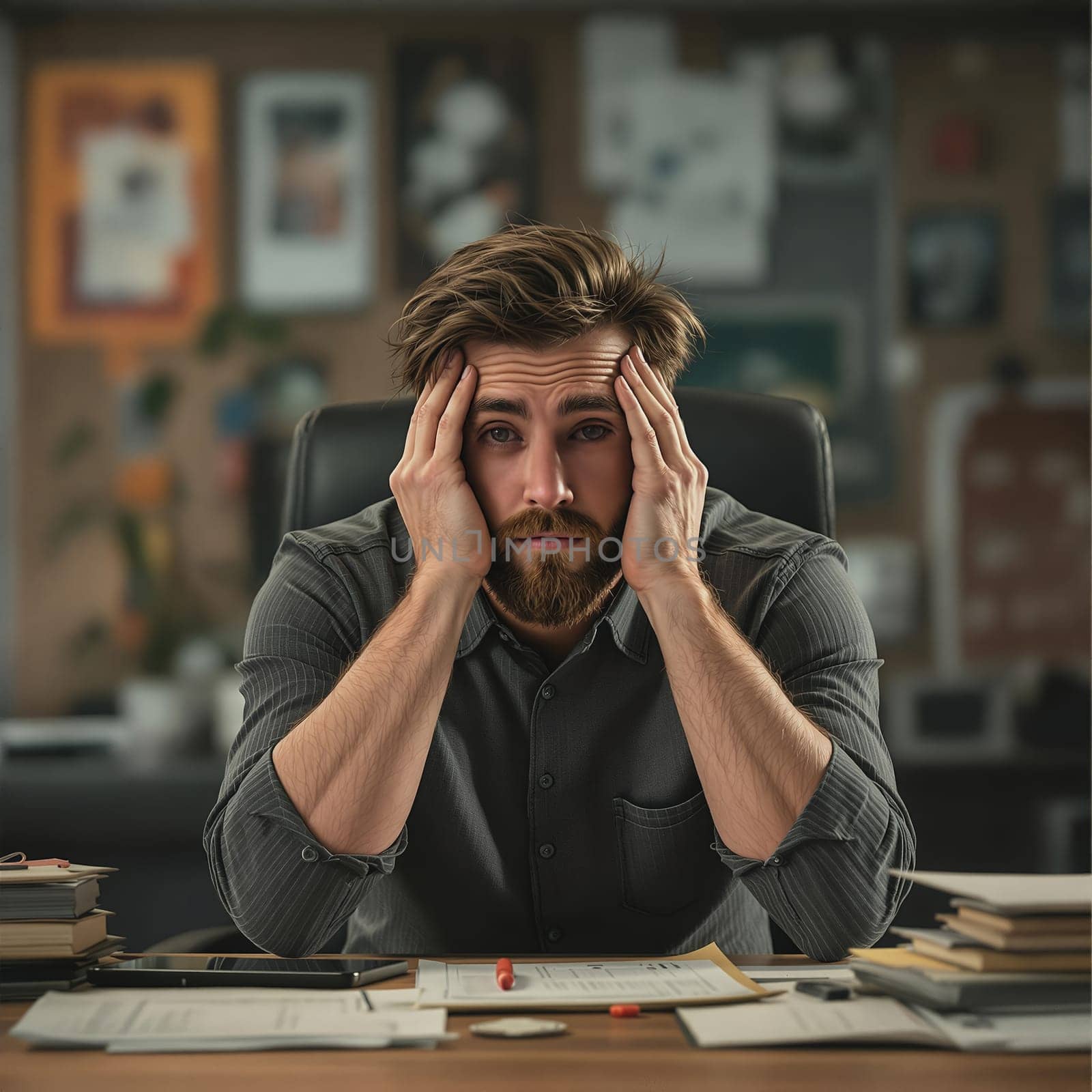 Frustrated caucasian young male at work desk in office setting.