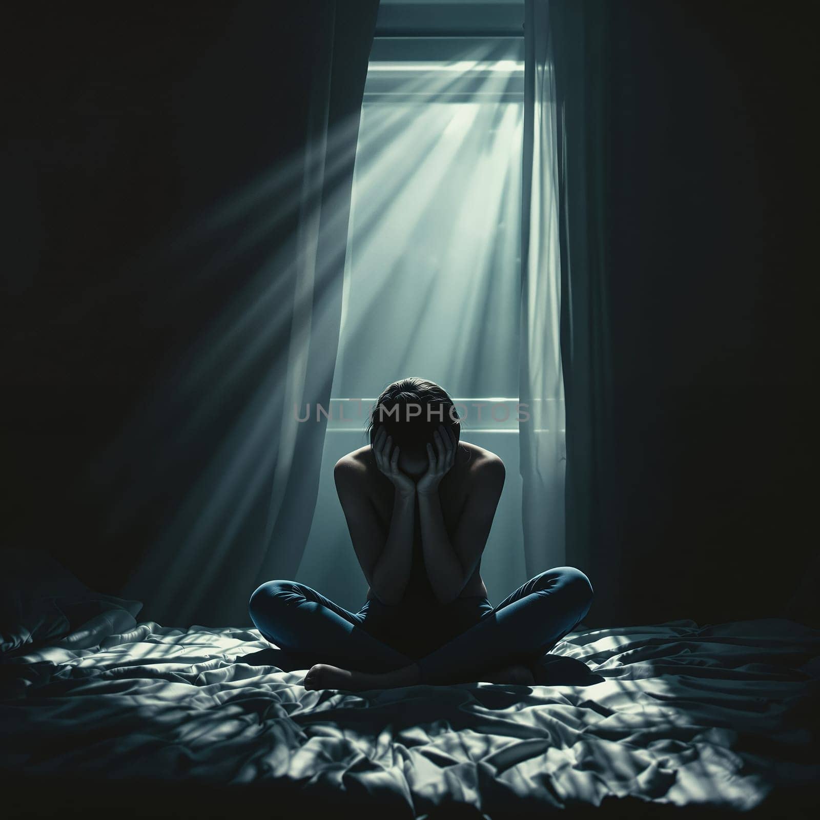 Young caucasian female sitting on bed in dark room with sunlight through window.