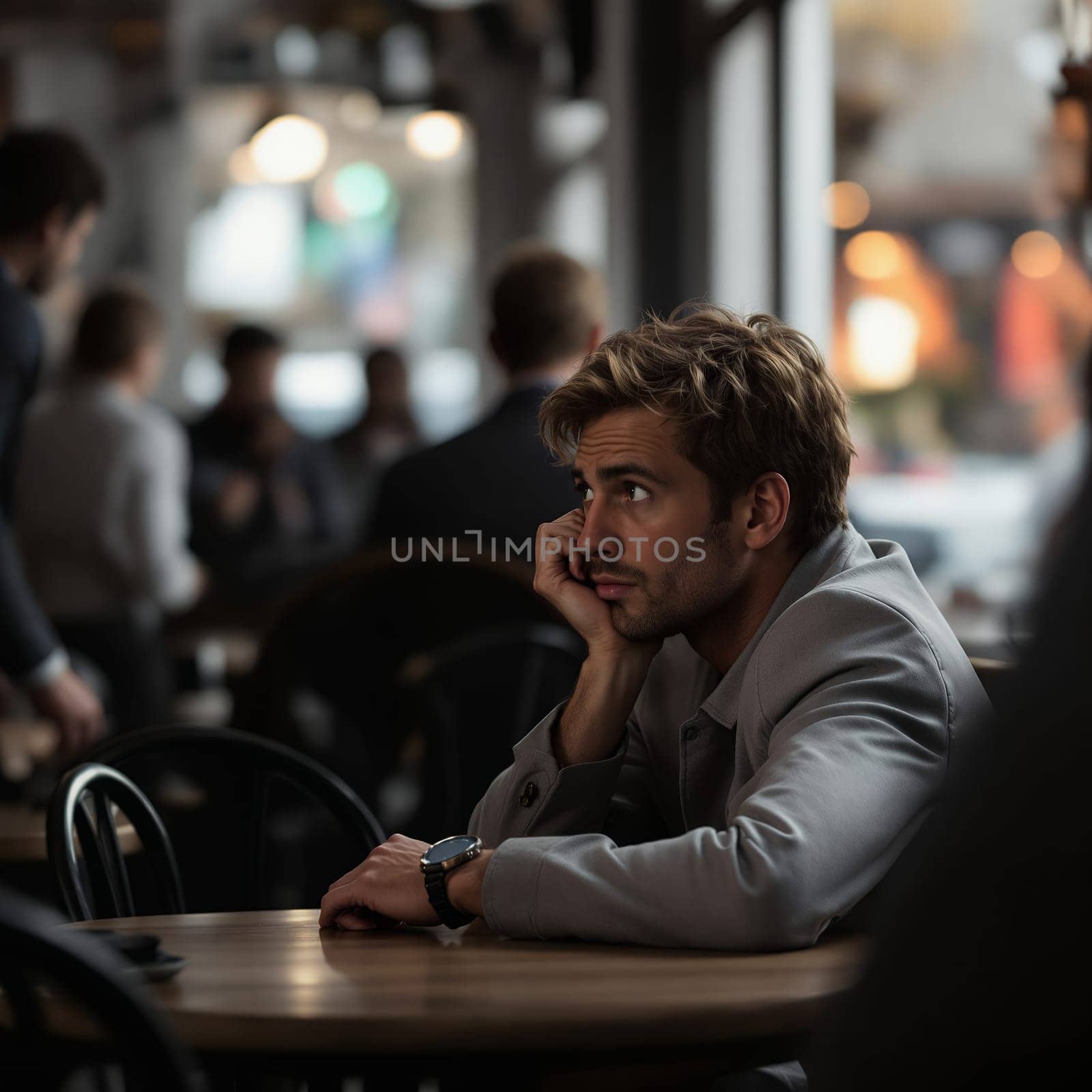 Young caucasian male in thoughtful moment at a busy cafe setting.