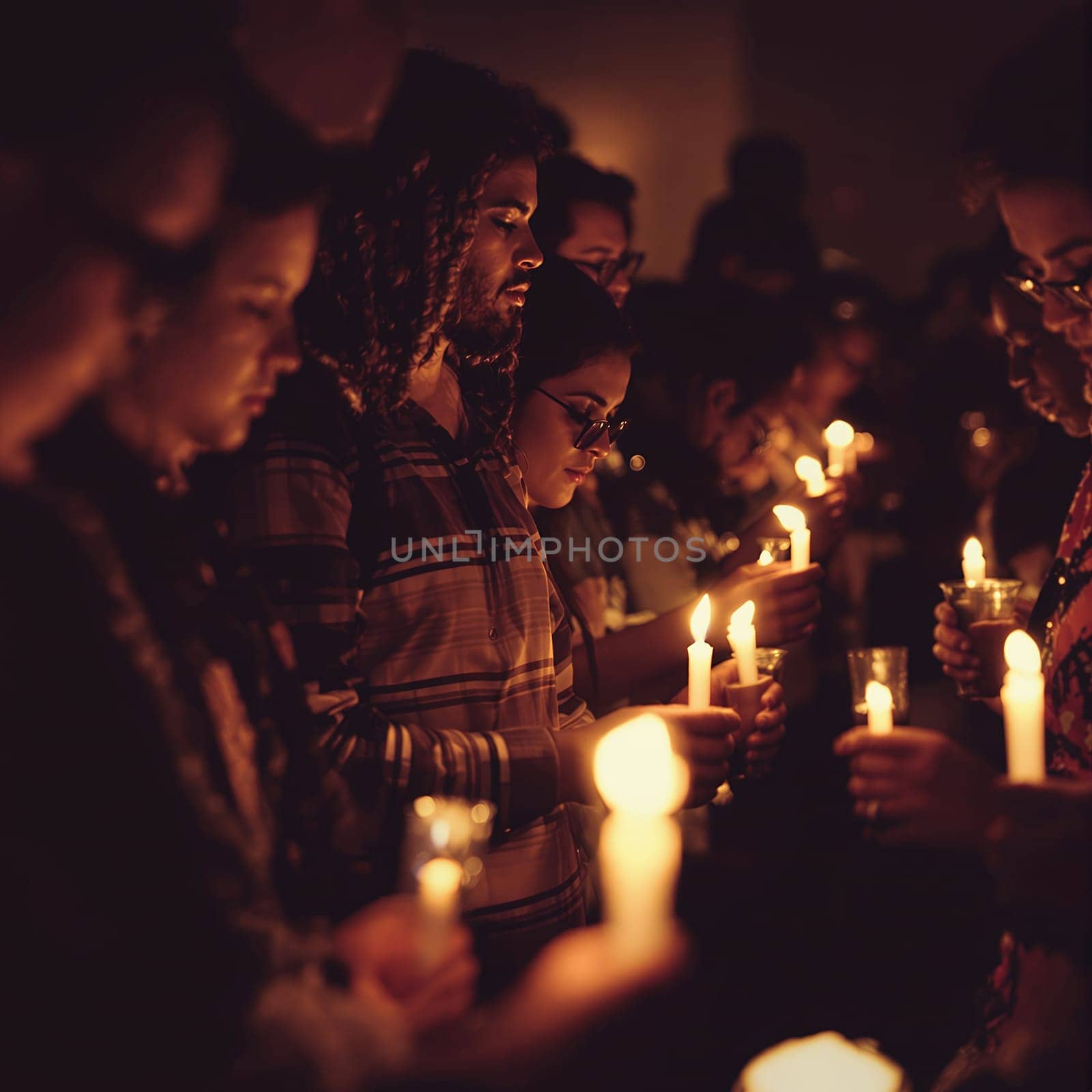 Diverse group of people holding candles in vigil ceremony at night.
