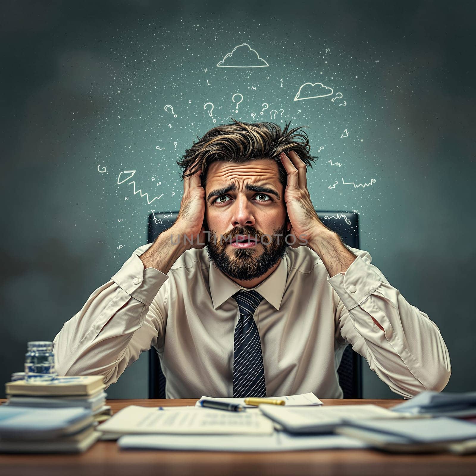 Stressed young caucasian male at work desk with confused thoughts.