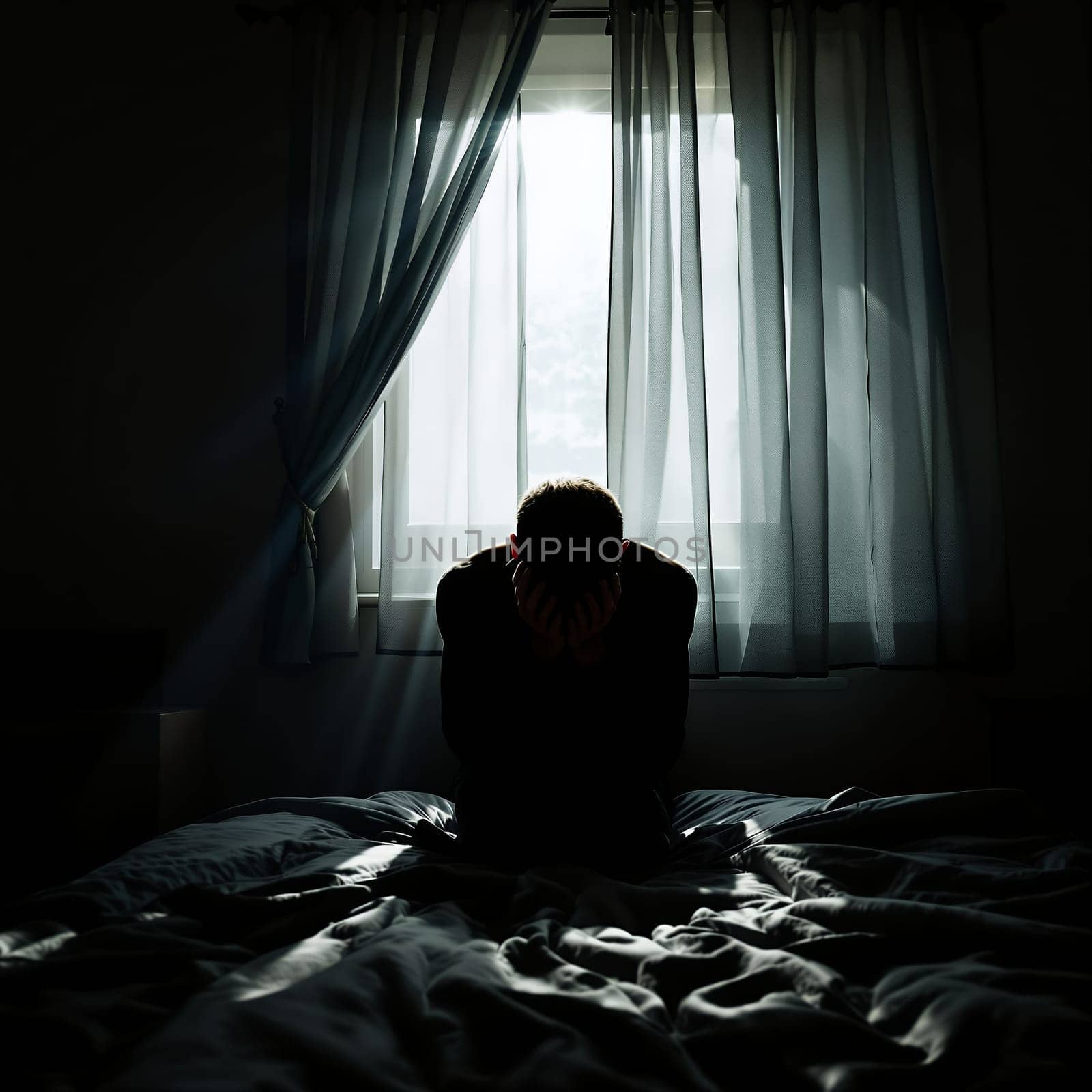 Silhouette of a caucasian male adult in deep contemplation by a sunlit window.
