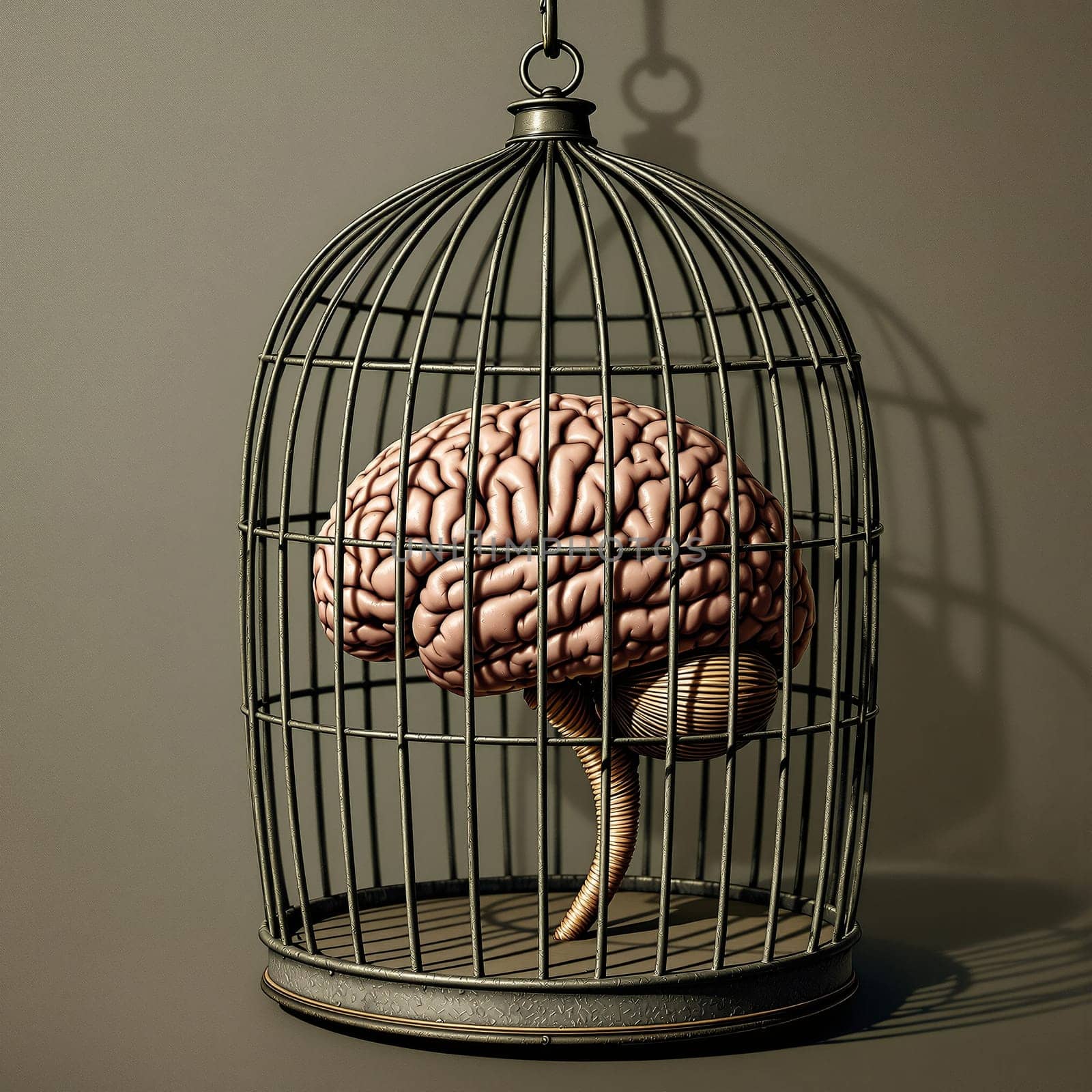 Brain confined in cage symbolizing restricted thinking and mental constraints.