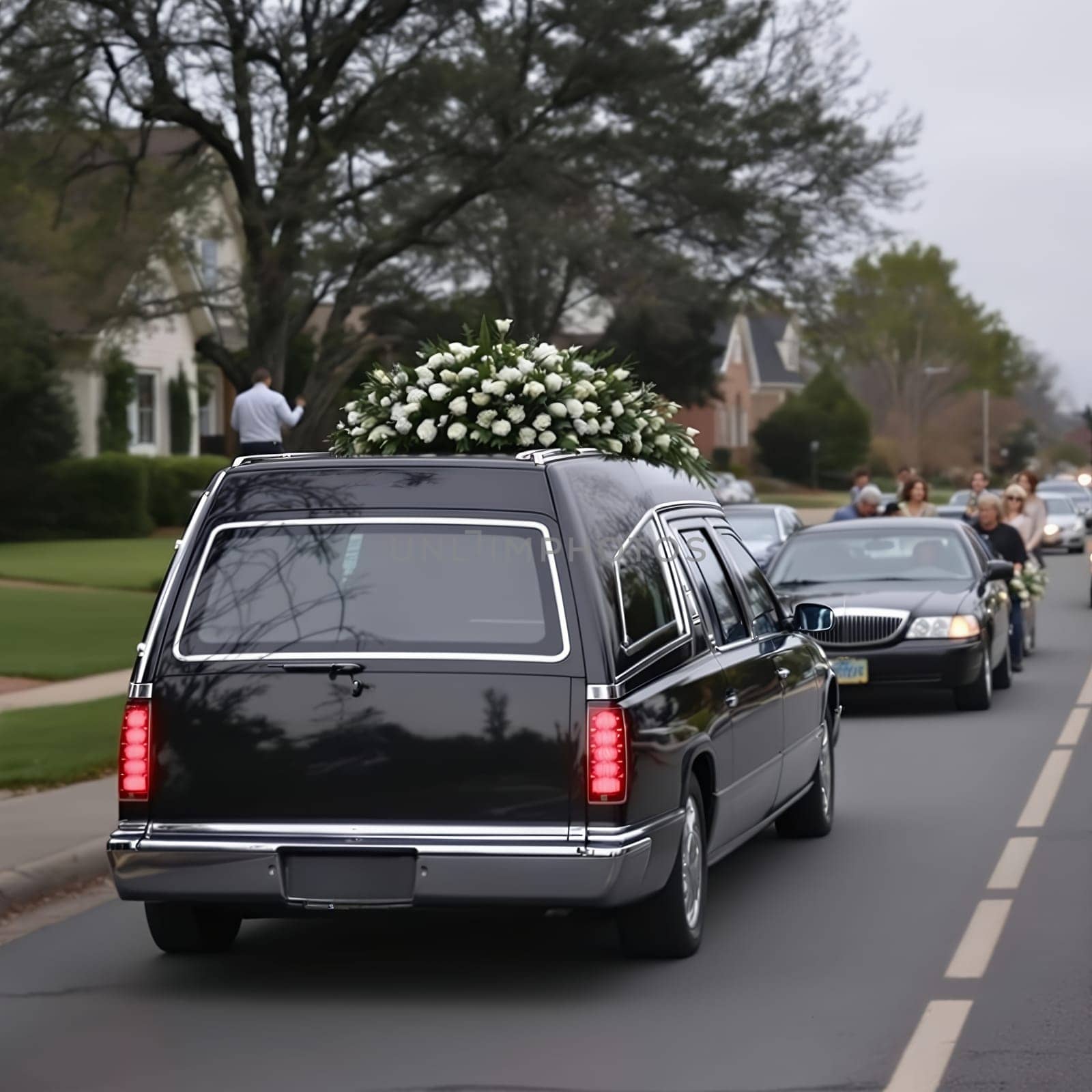 Funeral procession with black hearse and floral arrangement.