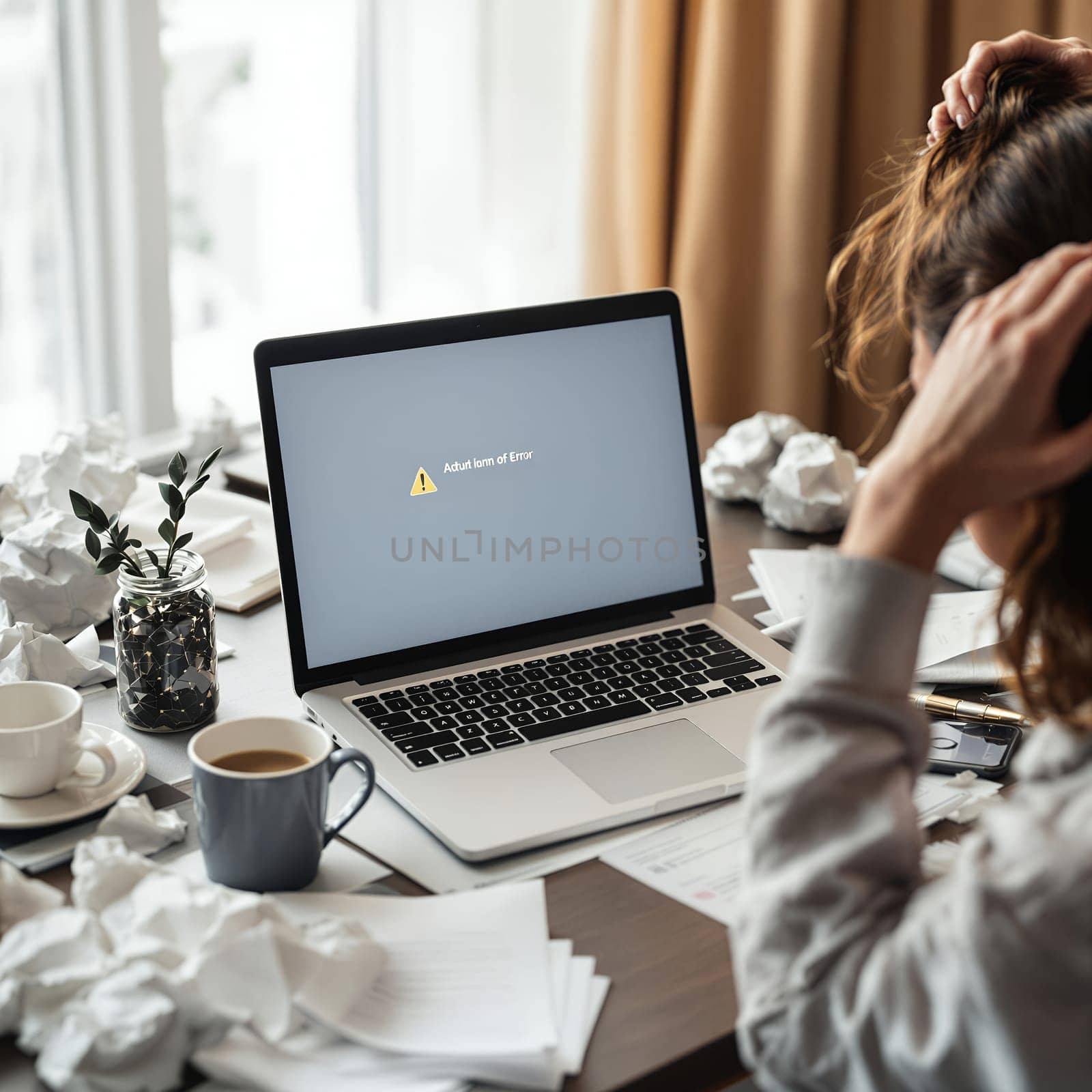 Frustrated young female with laptop error message in home office setting.