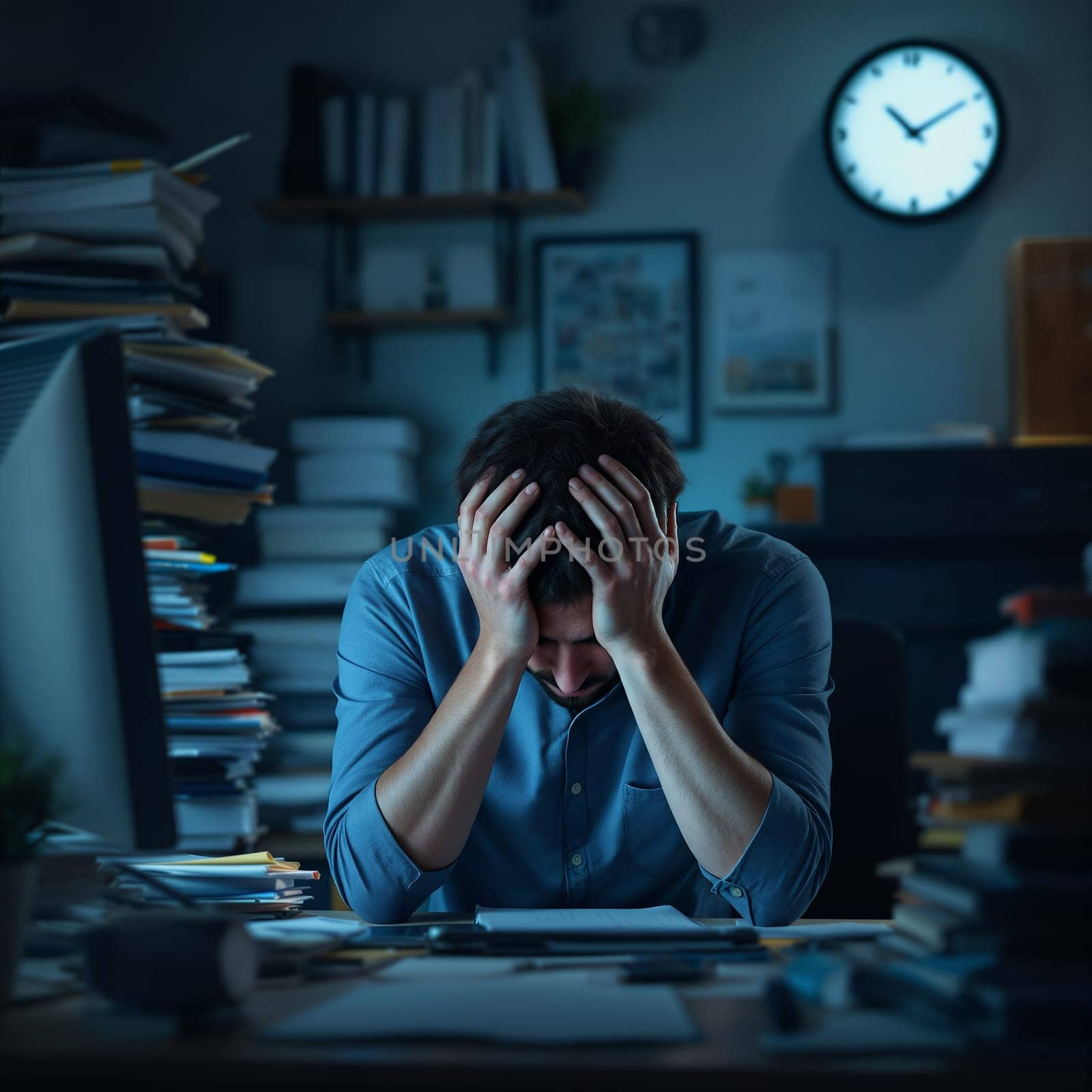 Stressed caucasian male adult working late in cluttered office.