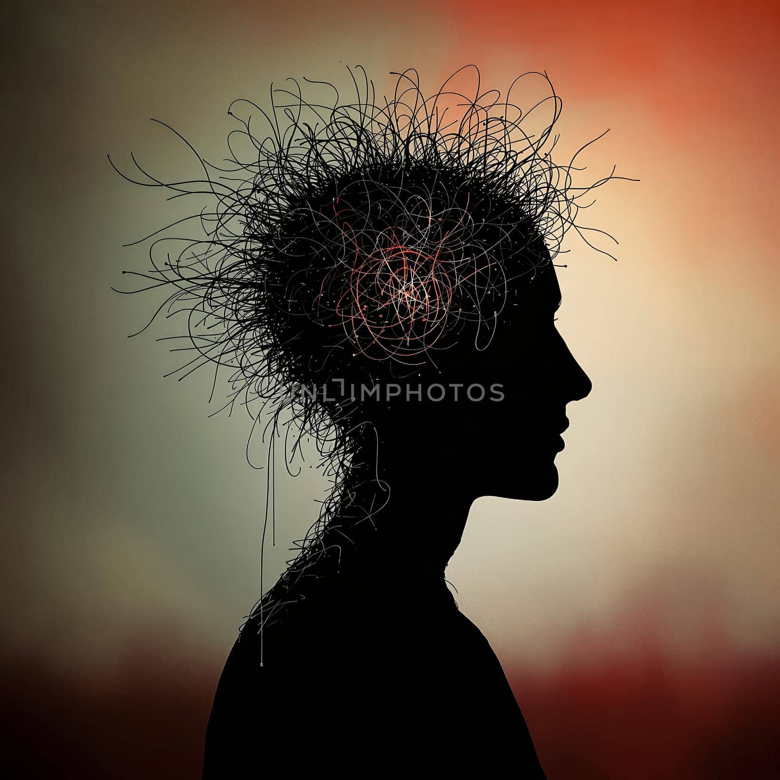 Silhouette of human head with chaotic lines and neural network concept.