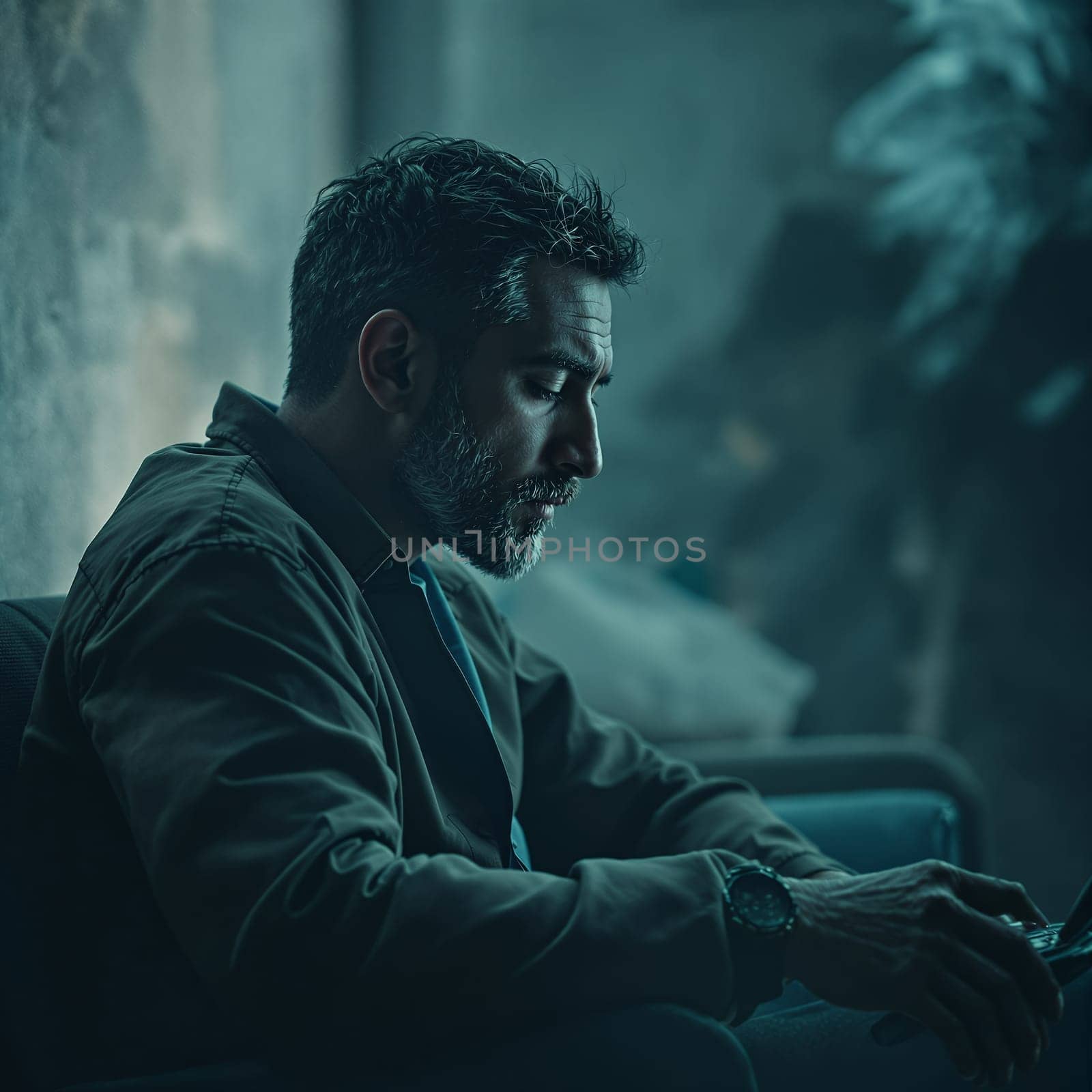Pensive mature caucasian male in thoughtful indoor setting.