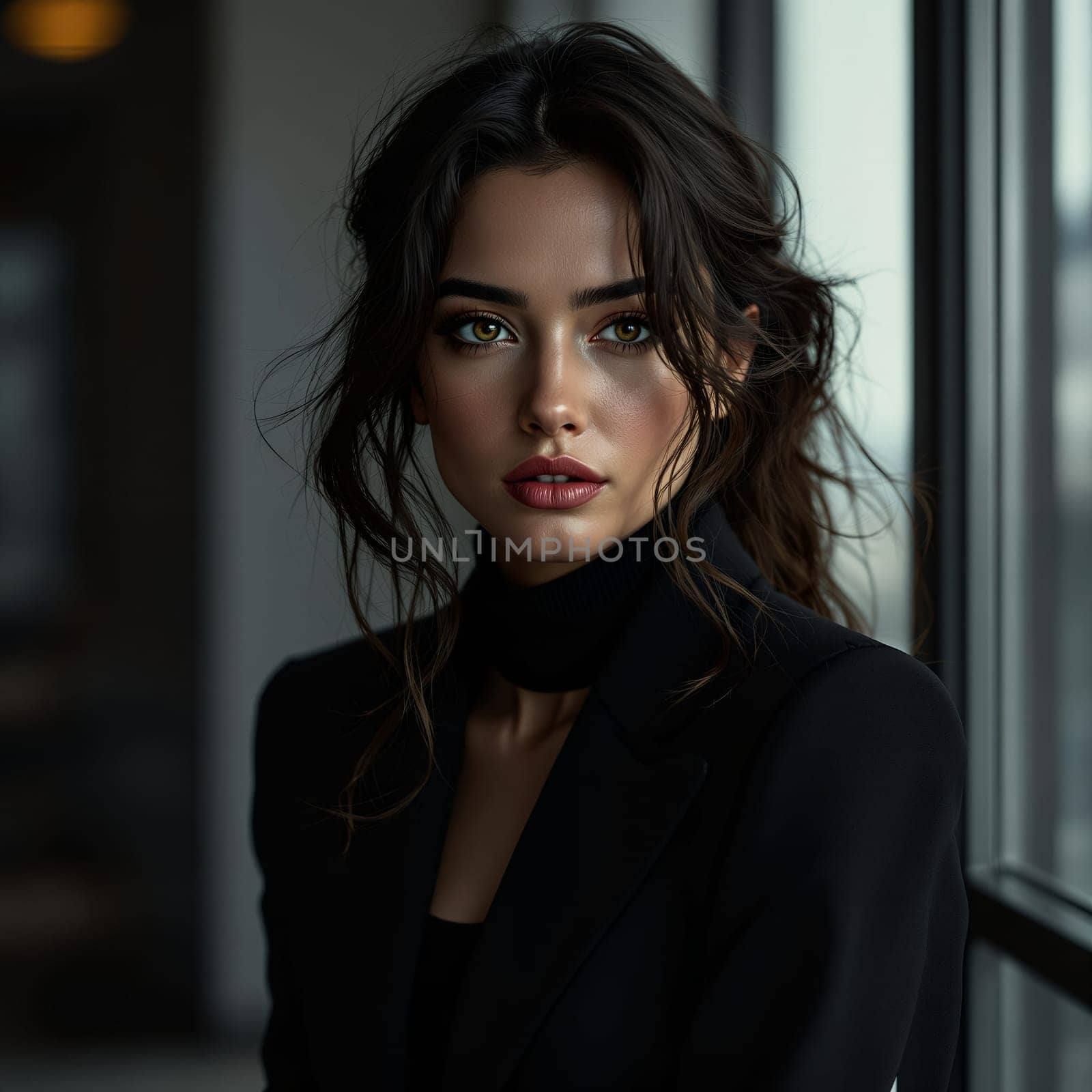 Elegant young hispanic female in black outfit posing by window.