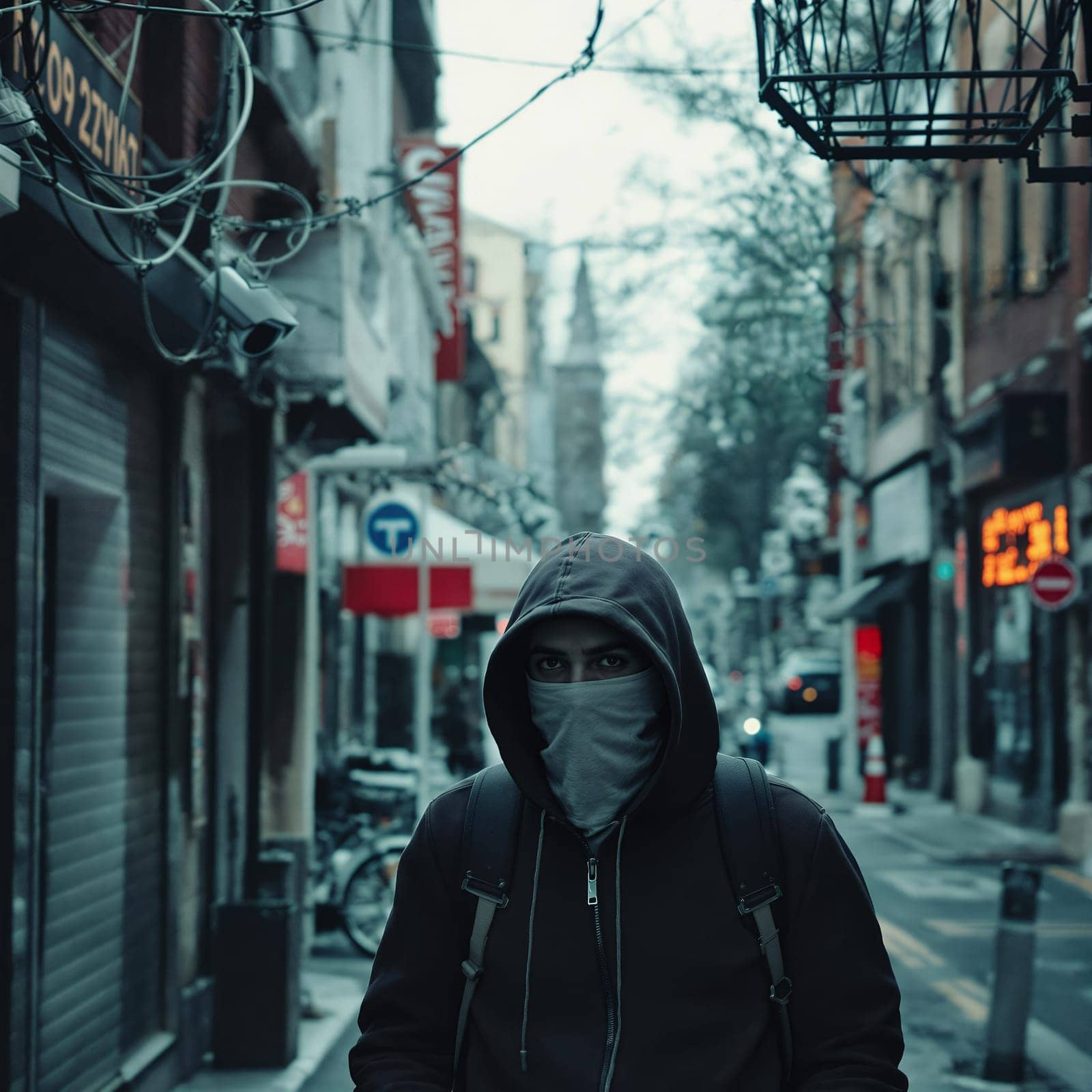 Hooded figure in urban street setting with historical architecture in background.