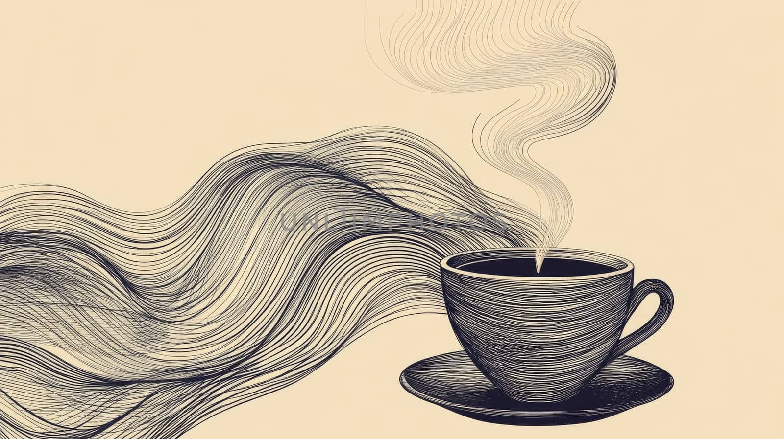 Elegant illustration of a steaming coffee cup with artistic flowing lines, perfect for modern design and coffee-themed projects.