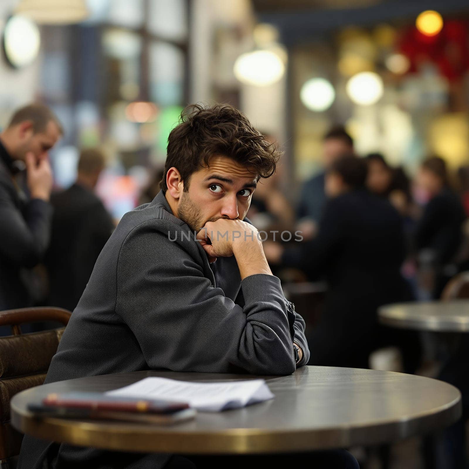 Young caucasian male thinking in bustling cafe.