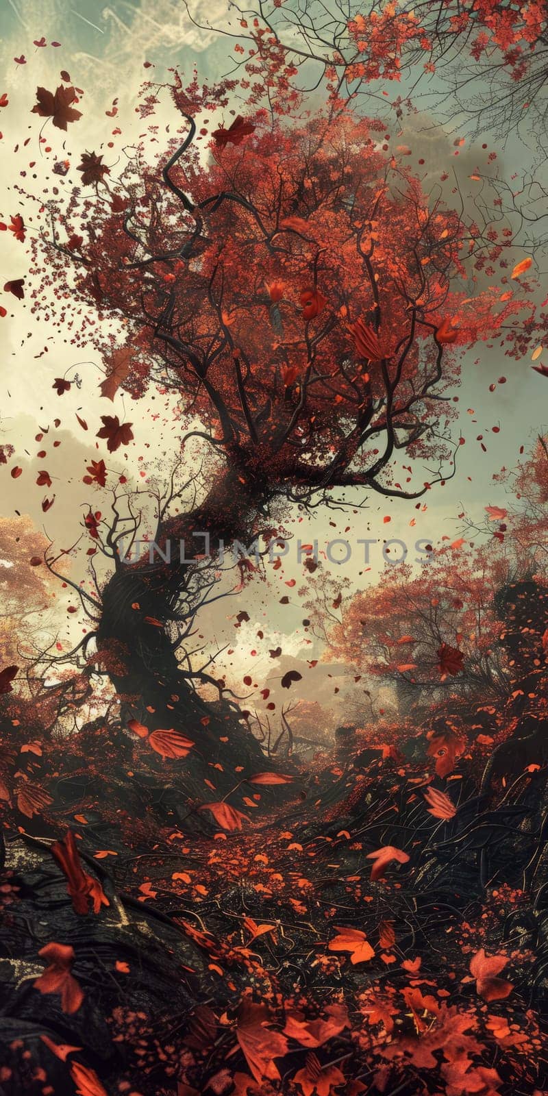 A tree with red leaves is blowing in the wind. The leaves are scattered all around the tree