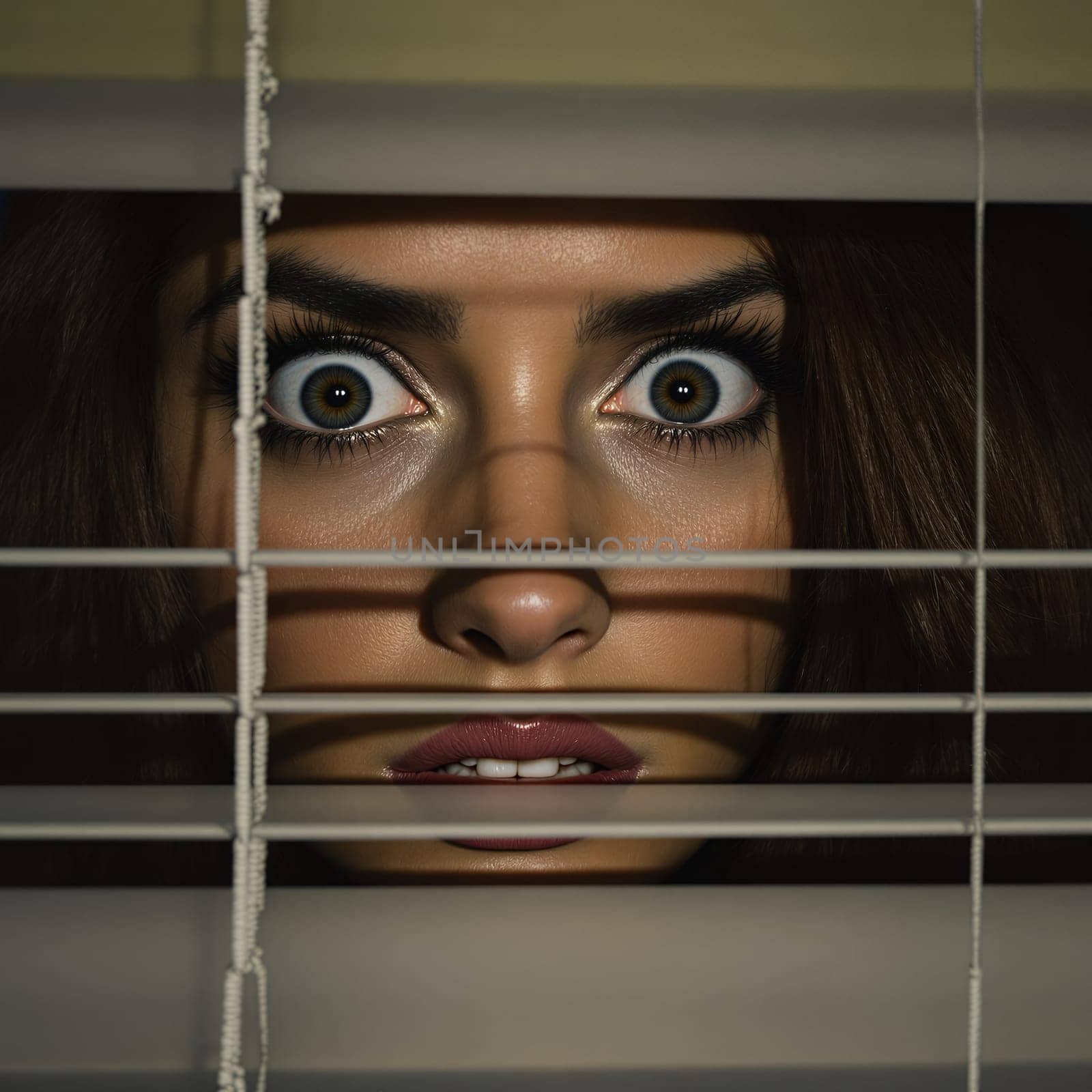 Young caucasian female with surprised expression behind window blinds.