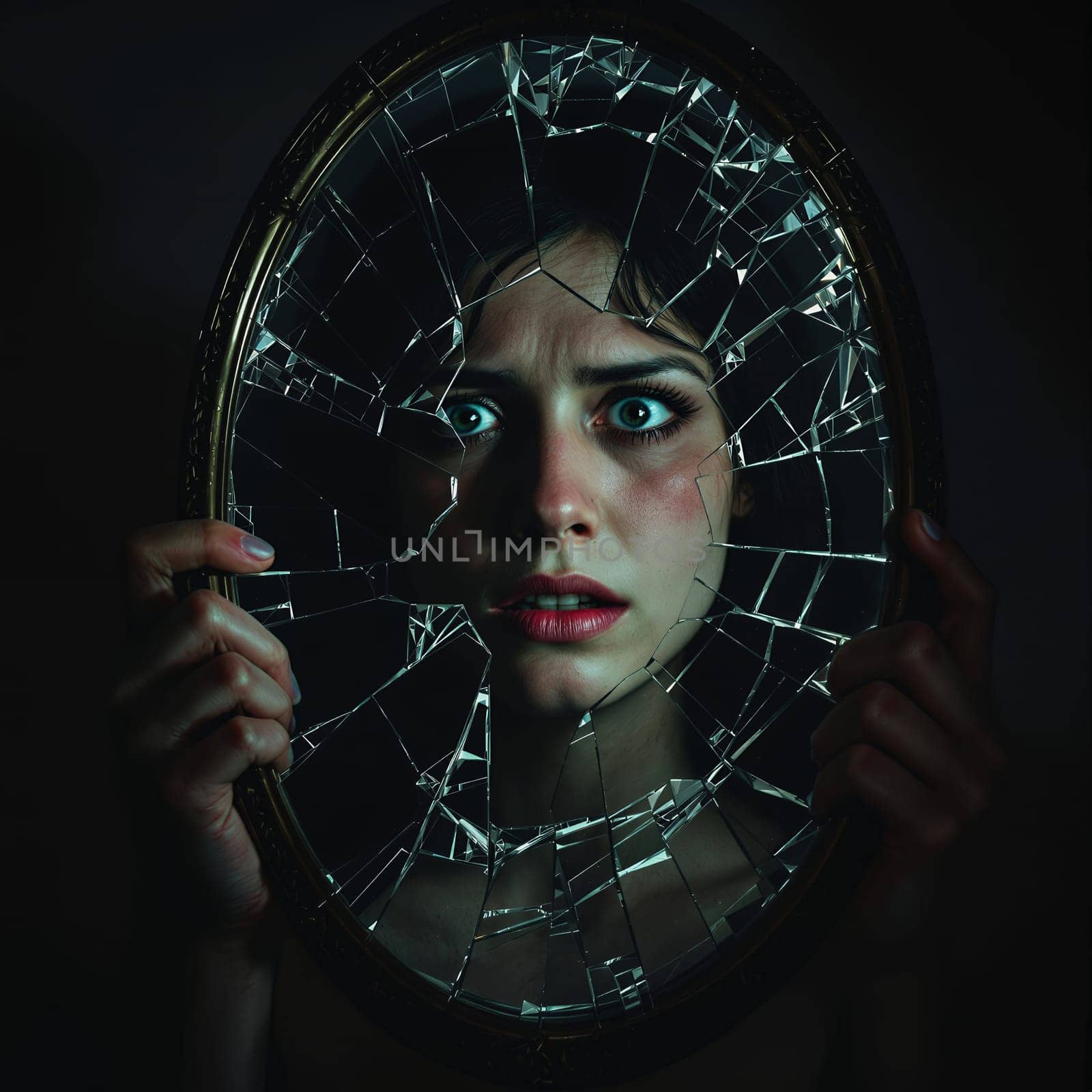 Frightened young caucasian female reflection in broken mirror.