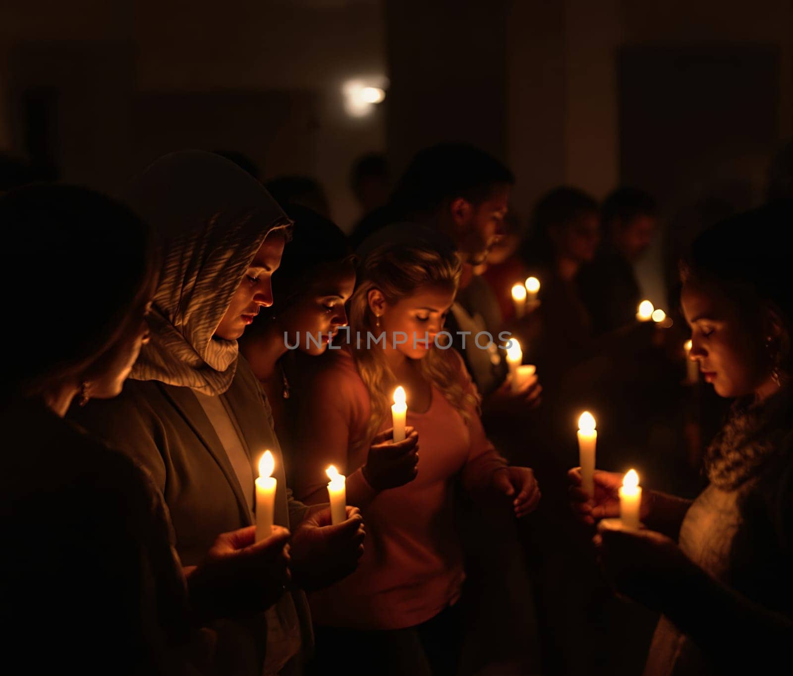 Candlelight prayer gathering with diverse adults in peaceful reflection.