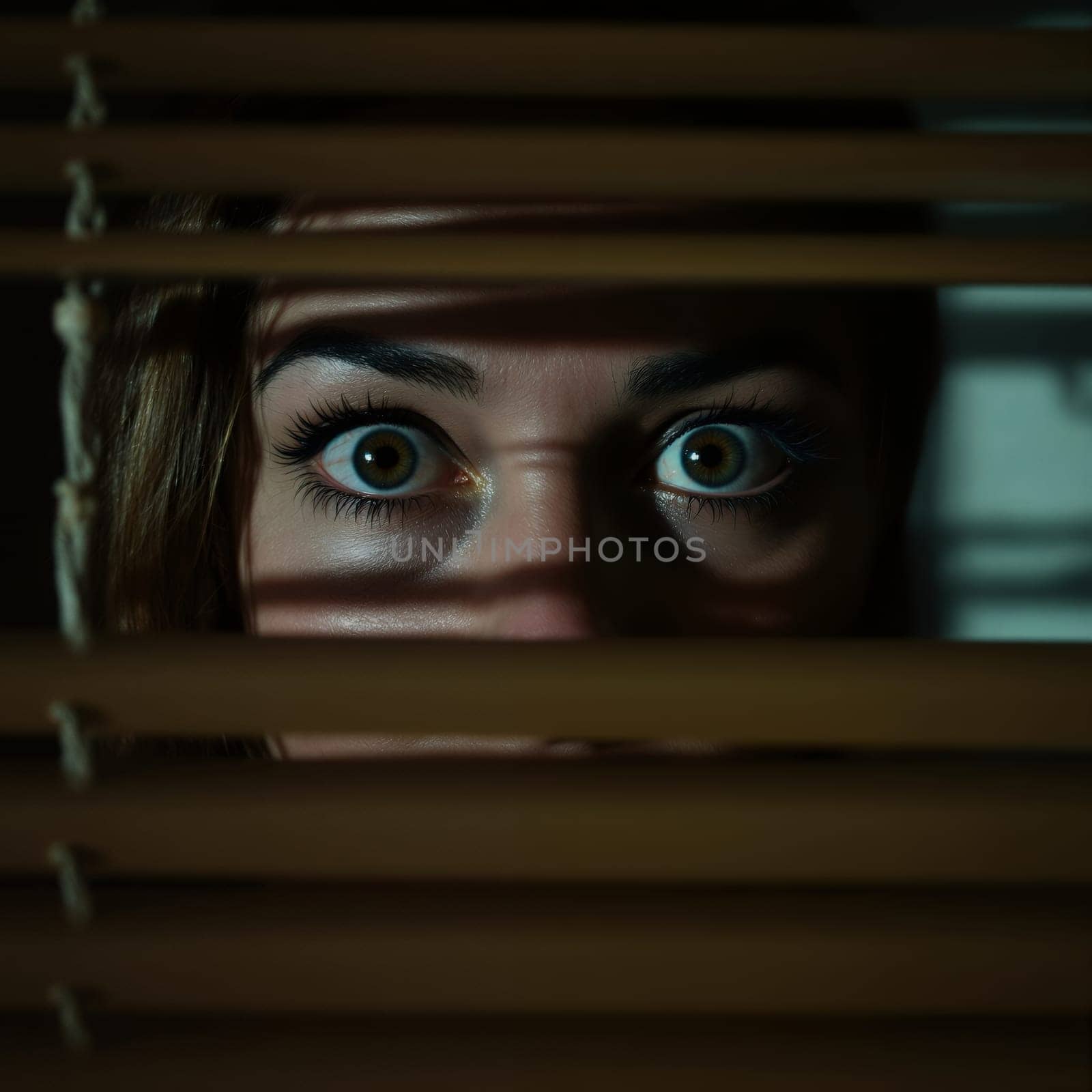 Young caucasian woman peeping through blinds with wide eyes at night.