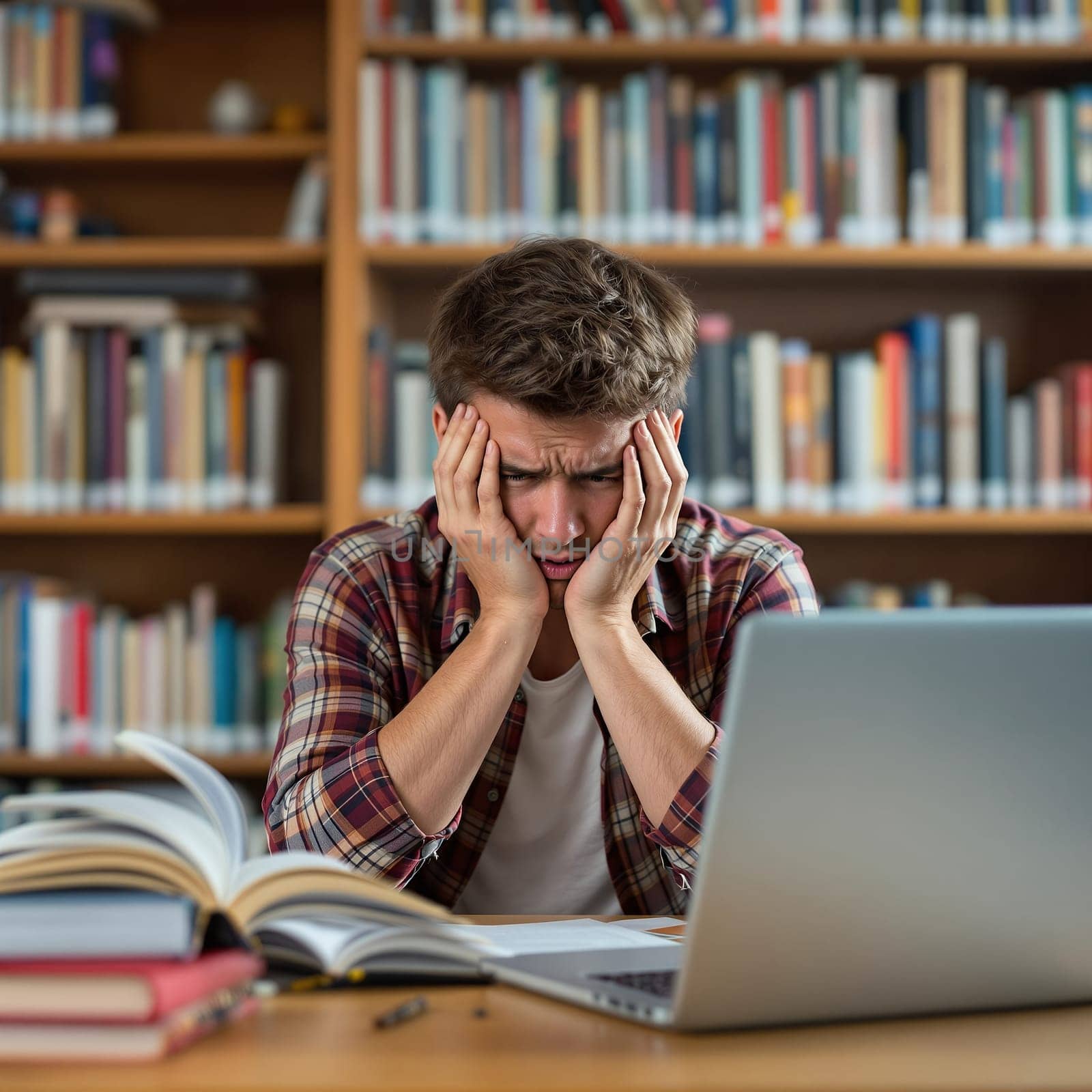 Young caucasian male student feeling stressed in library surrounded by books and laptop.