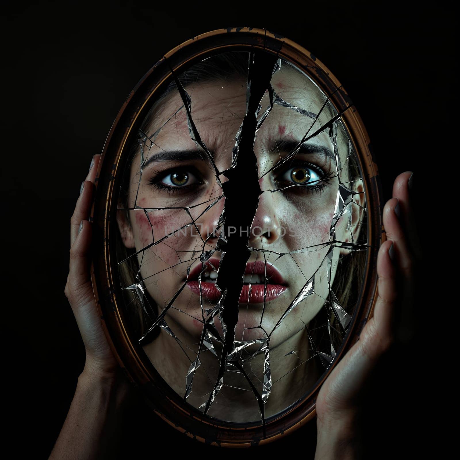 Caucasian female adult reflecting in cracked mirror with emotional expression.