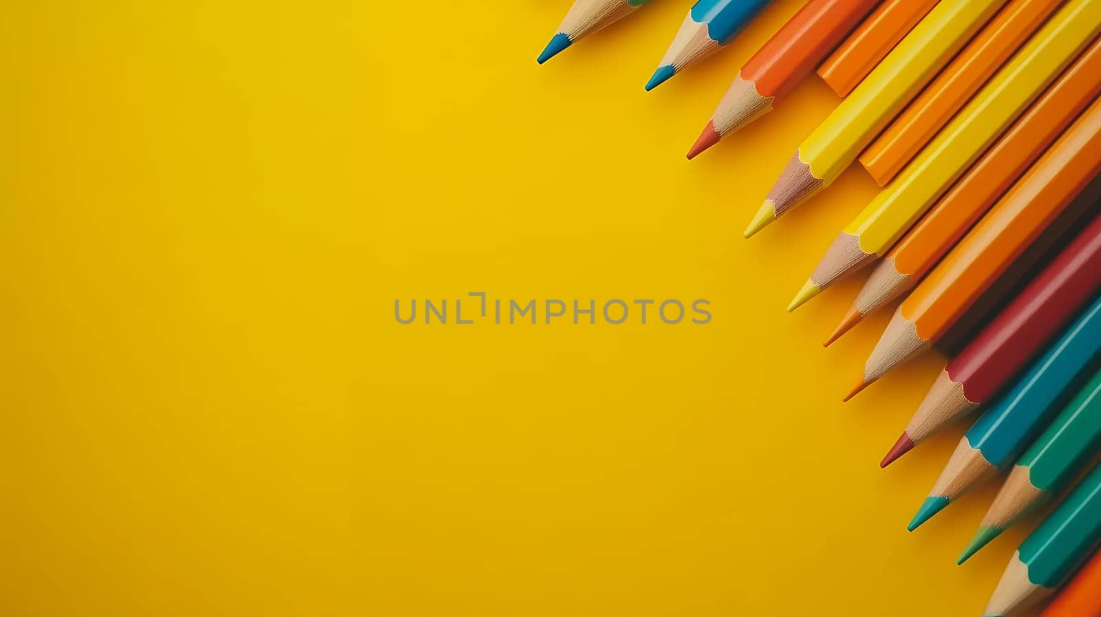 A collection of colored pencils arranged in a neat pattern on a bright yellow background, with copy space.