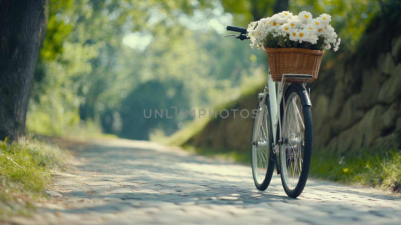 A white bicycle with a basket of white daisies stands on a charming cobblestone path surrounded by trees.