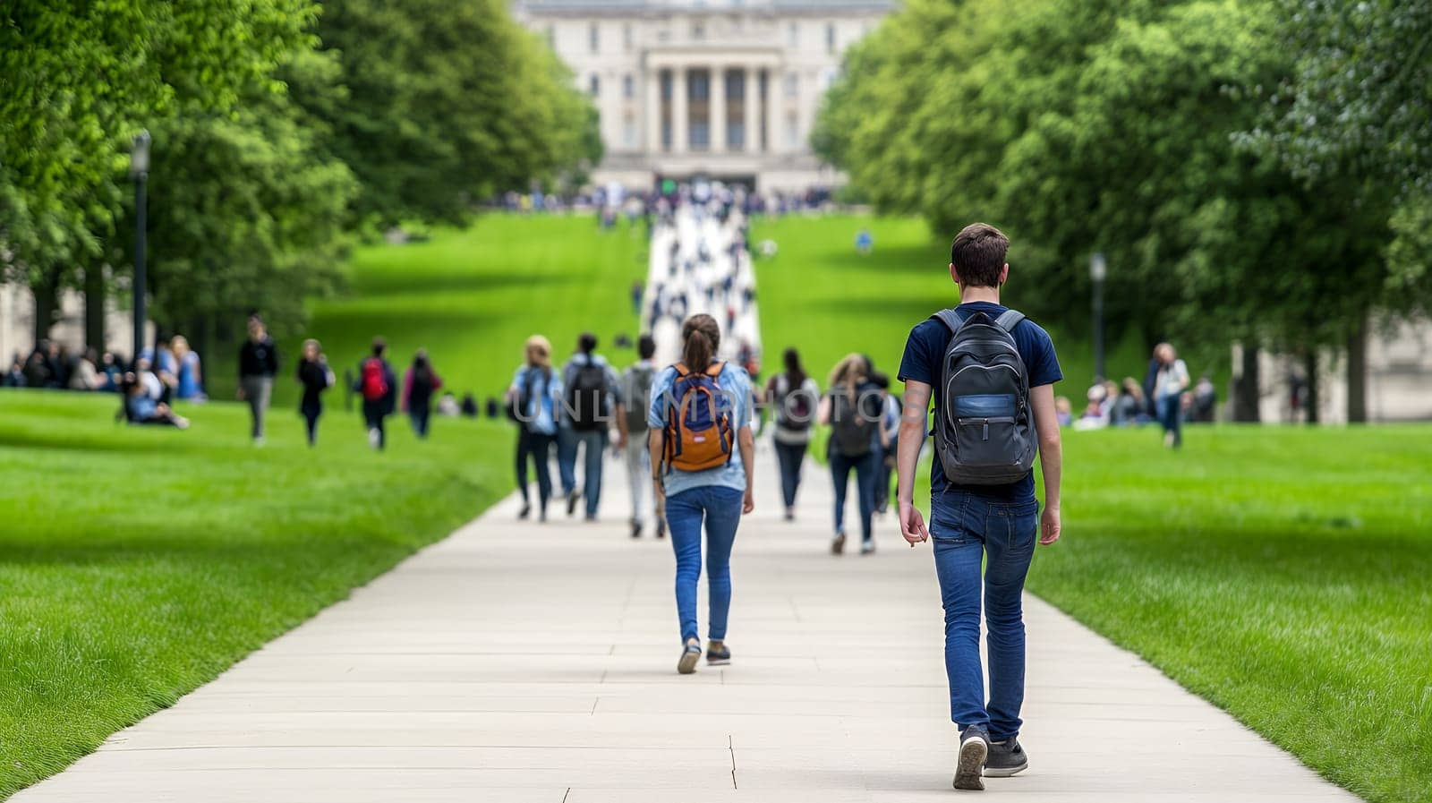 A student with a backpack walks down a scenic campus pathway lined with green trees.