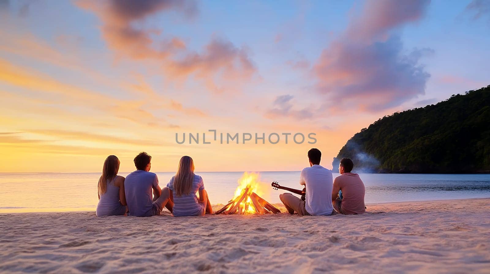 Friends gather around a bonfire on a sandy beach, enjoying the serene sunset and warm atmosphere.