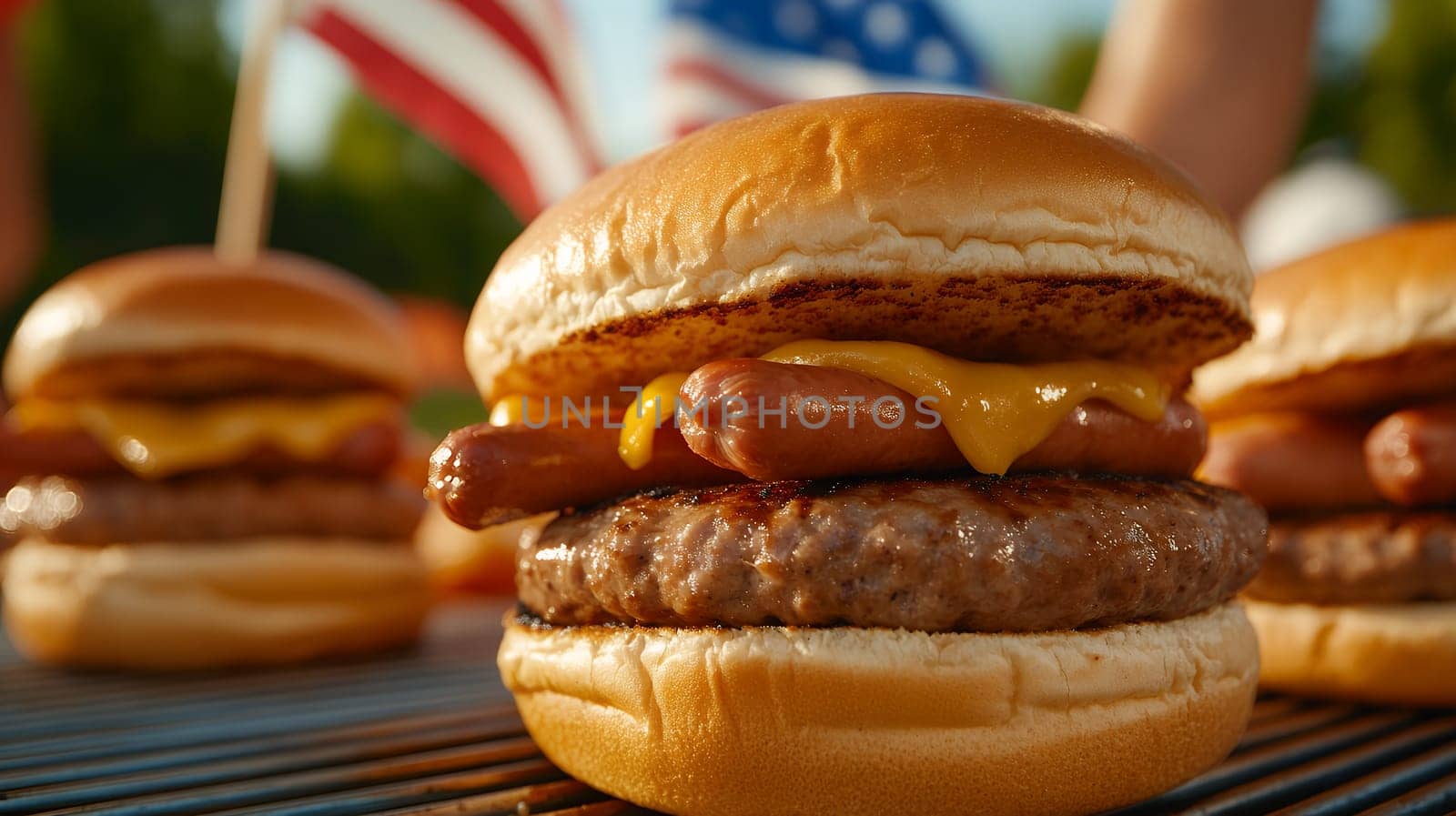 Close up of a delicious burger topped with a hotdog and melted cheese, perfect for a summer barbecue.
