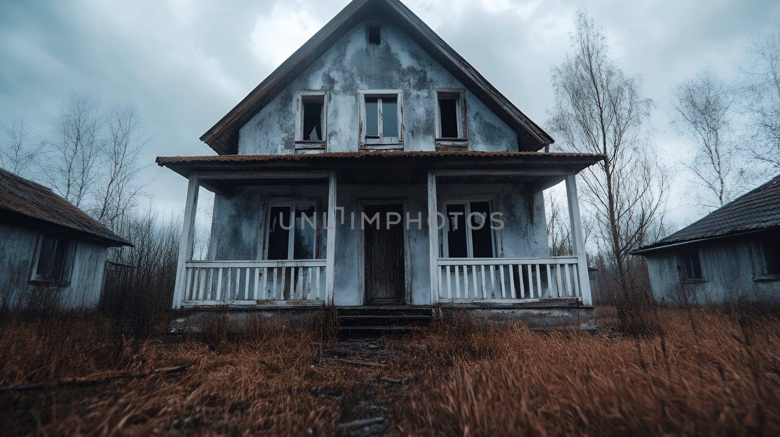 An old, abandoned house stands in an overgrown yard under a cloudy sky, evoking a sense of mystery.
