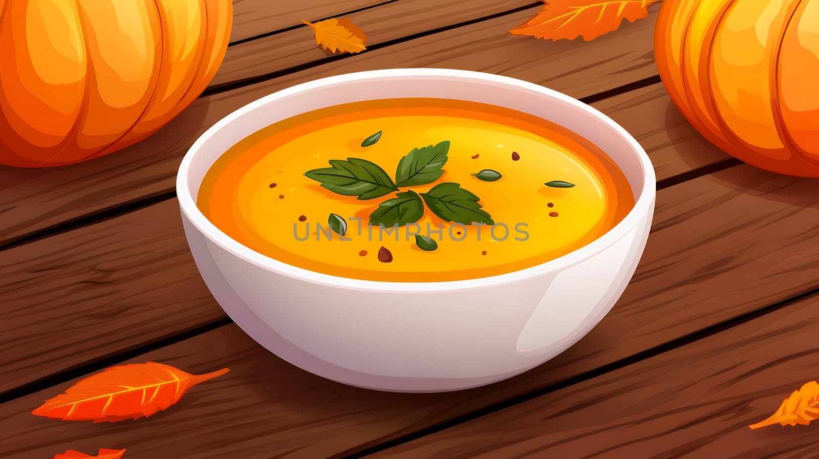 An artistic illustration of pumpkin soup with autumn leaves, capturing the essence of the fall season.
