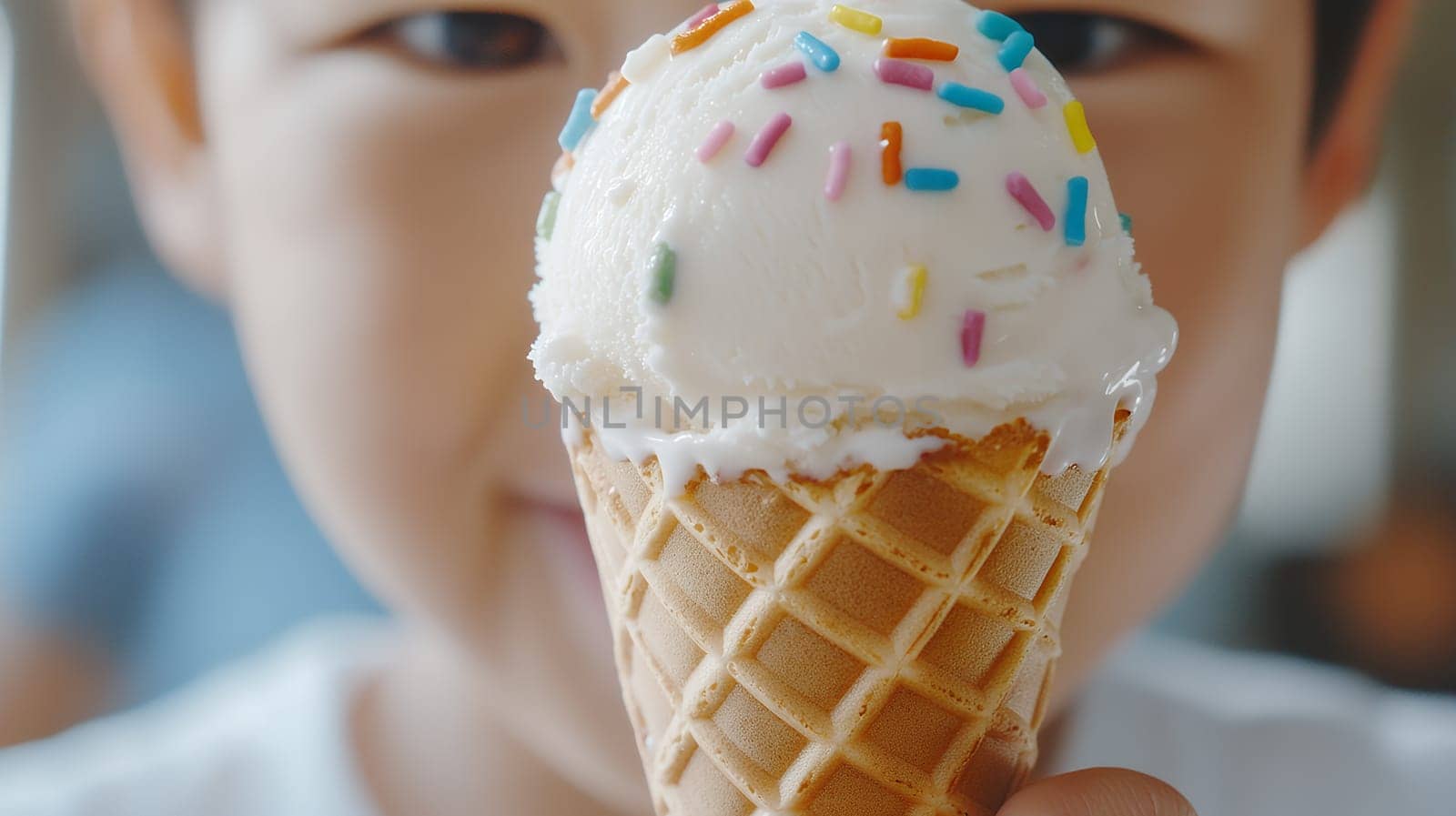 A close up of a child holding a creamy ice cream cone with colorful sprinkles, evoking a sense of joy and sweetness.