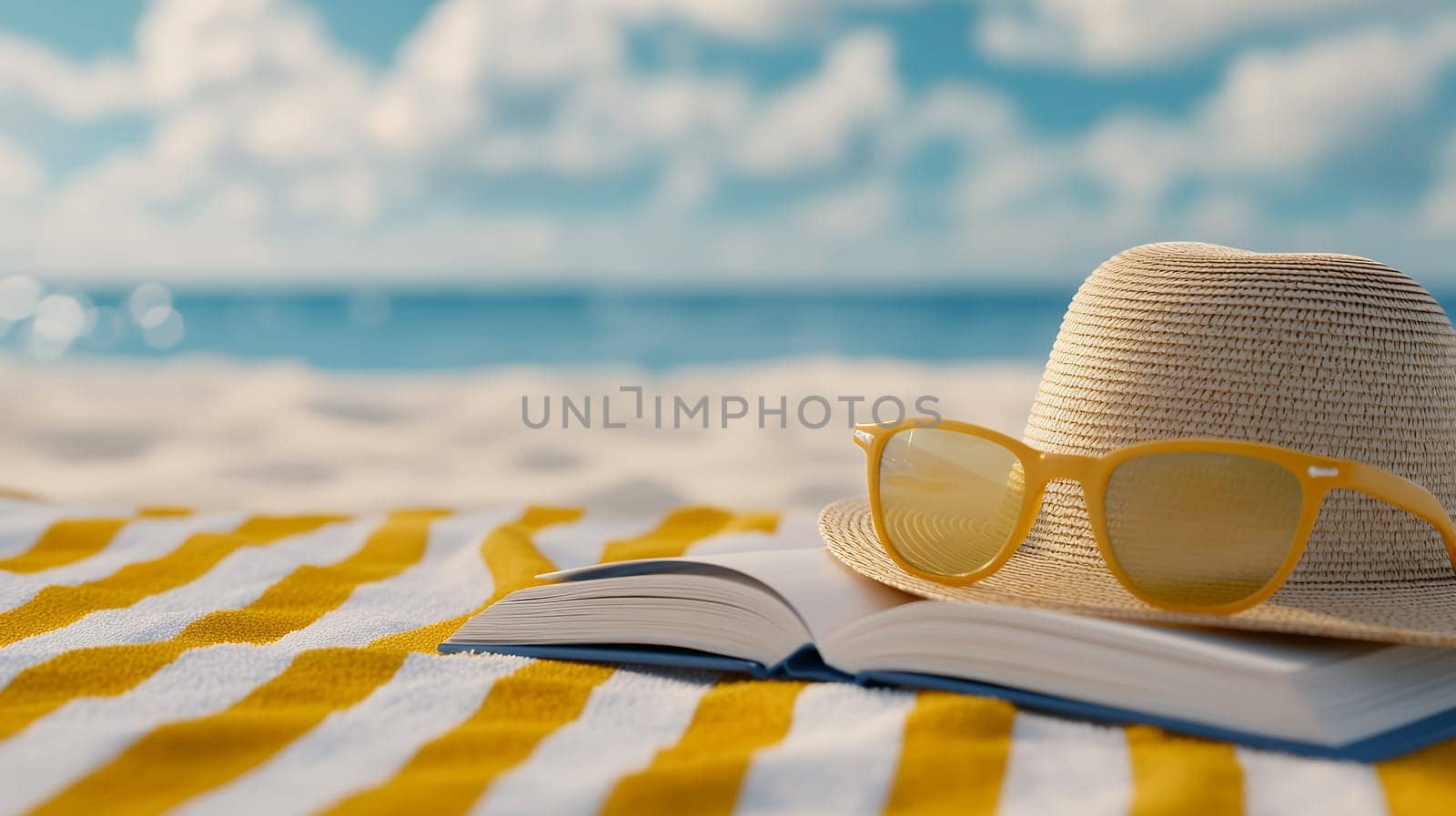 A straw hat, sunglasses, and a book on a beach towel, embodying a perfect day by the sea.