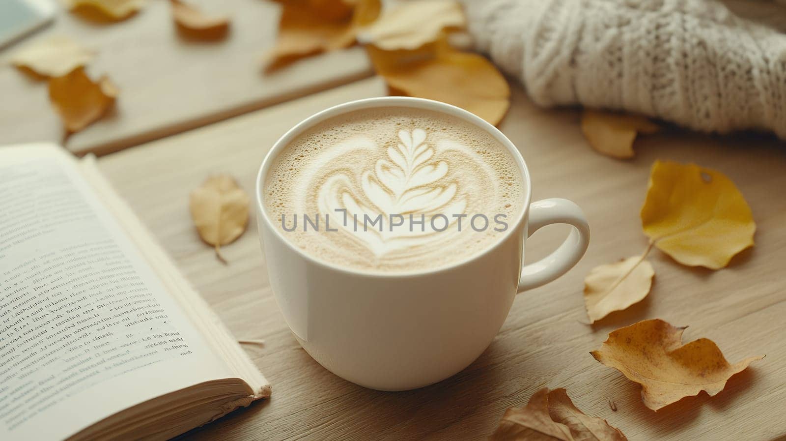 A warm cup of coffee with latte art beside an open book and autumn leaves, creating a cozy atmosphere.